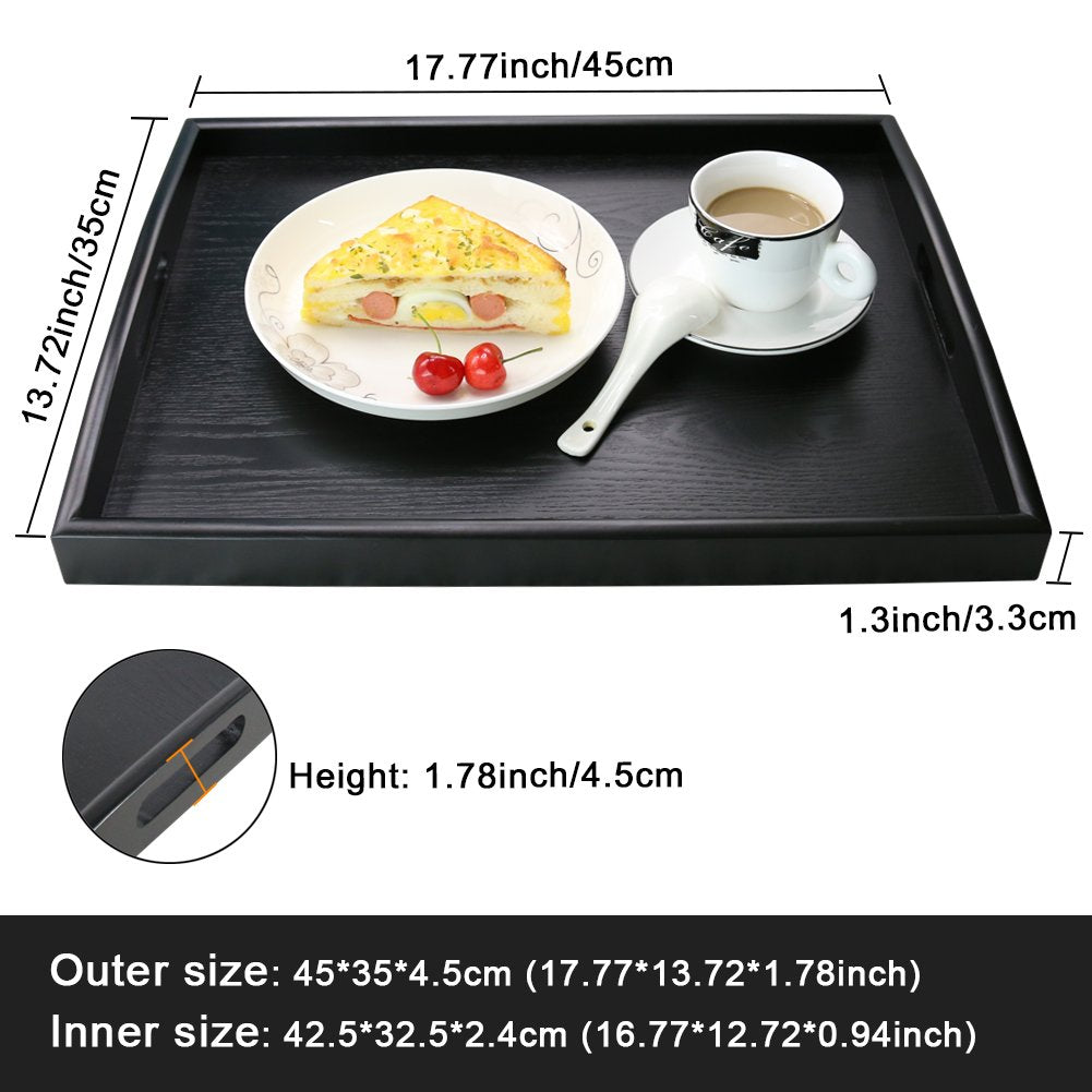 SILILUN Serving Tray Black Large Food Breakfast Wood Butler Tray with Handle 17.77 x 13.72 x 1.78
