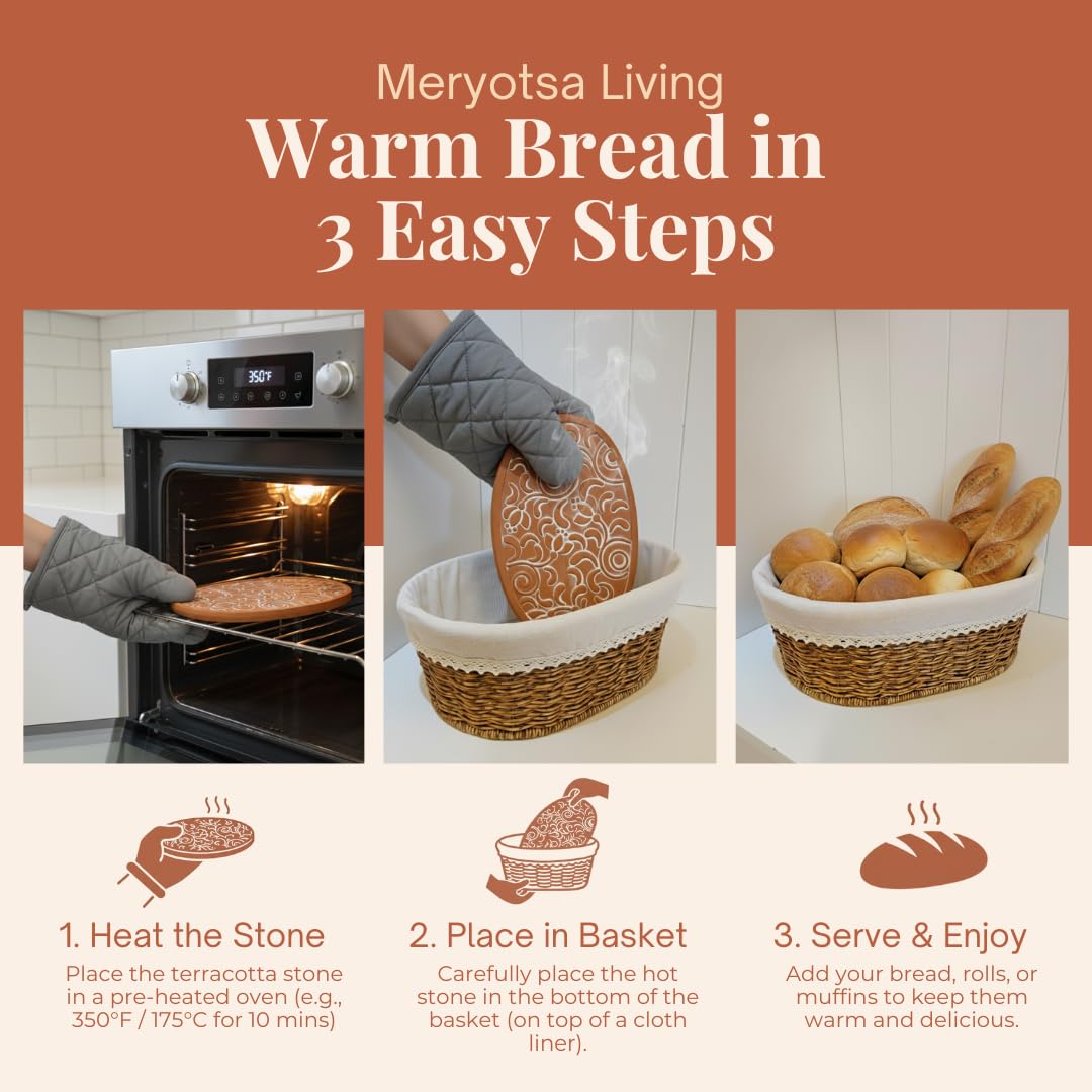 Rustic Bread Basket with Warmer – Woven Farmhouse Bread Basket with Terracotta Warming Stone, Keeps Bread Warm & Fresh, Cozy Serving Basket for Bread, Rolls & Pastries, Mothers day, Mothers day gift