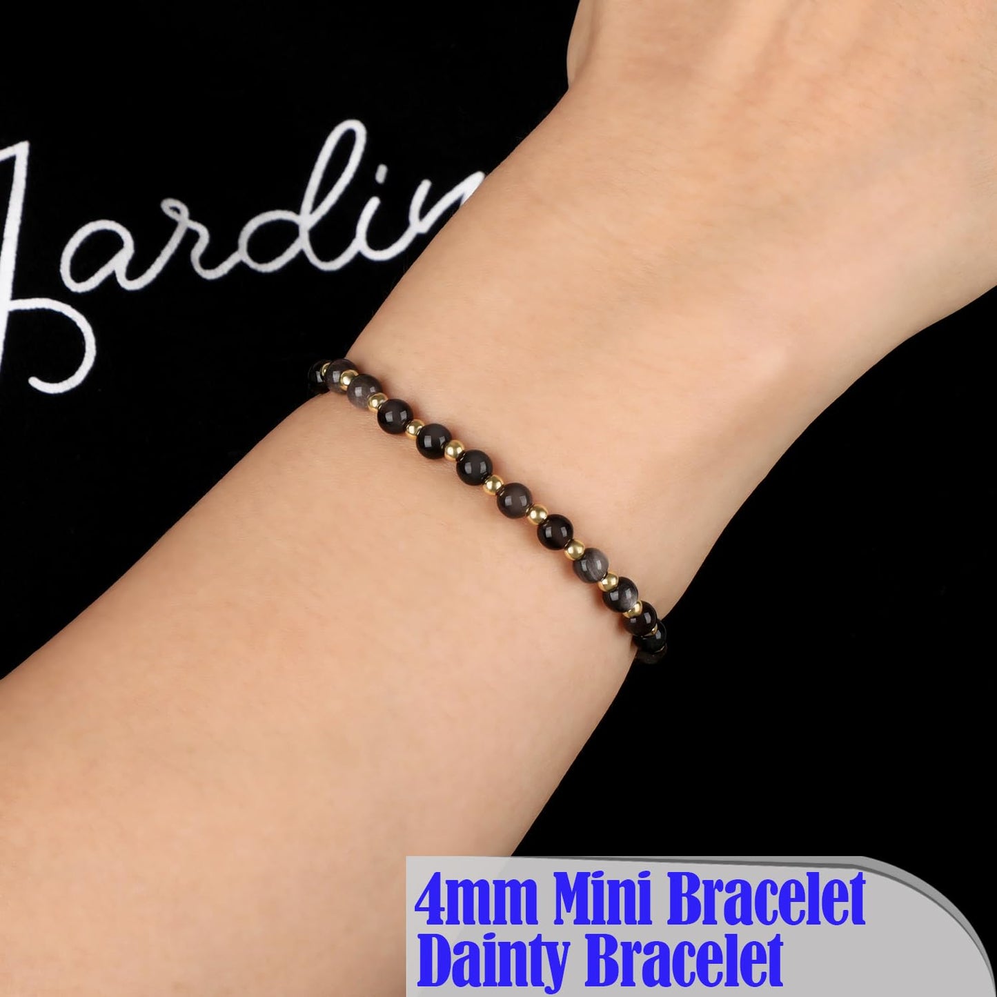 QOGIR Silver Obsidian - Fortune and Strength - 14K Gold Plated Beads Natural Gemstone Stretch Elastic Dainty Healing Beaded Bracelets Gifts 4mm