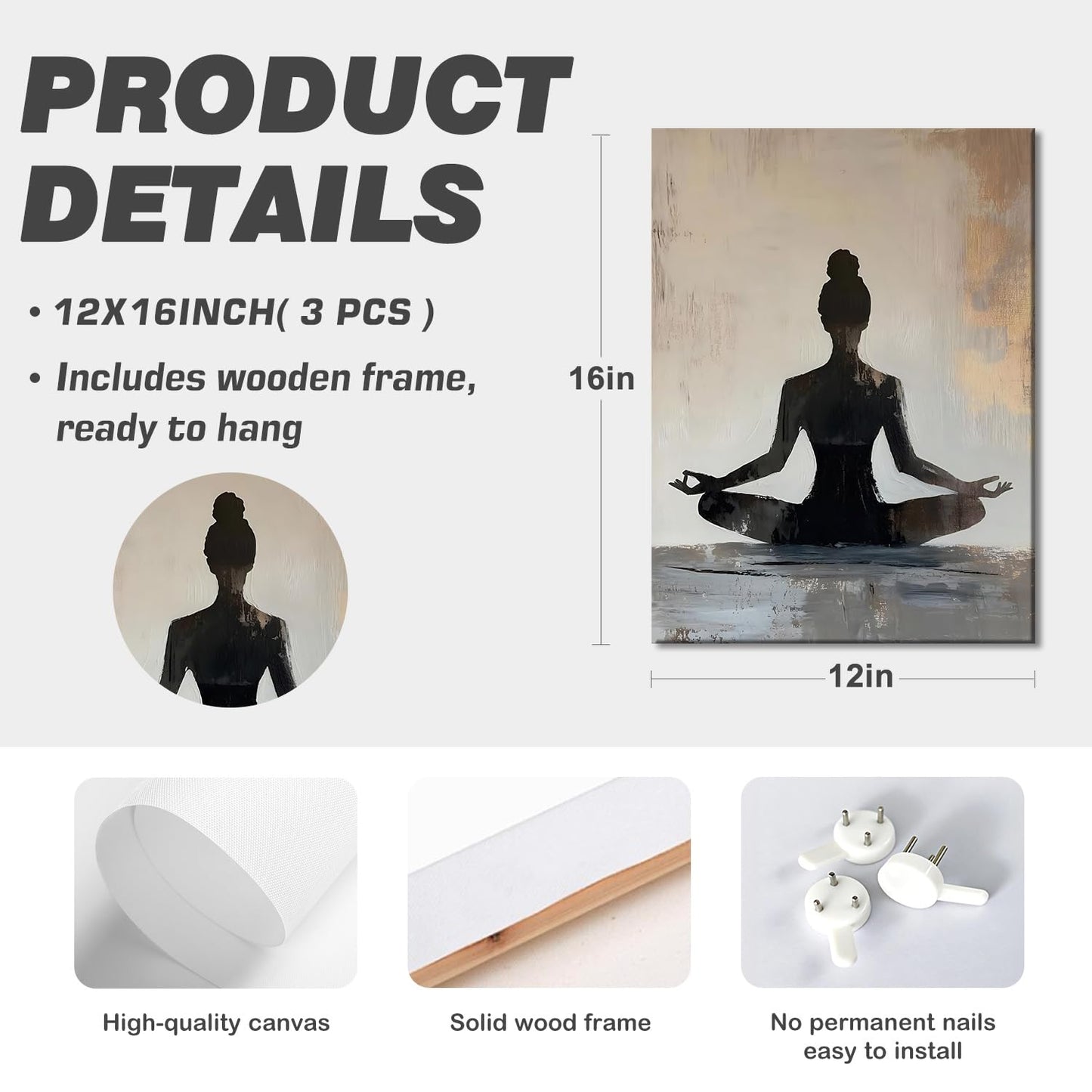 LYYGLYY Framed Yoga Canvas Wall Art, Zen Print Wall Art, Modern Minimalist Yoga Room Poster Artwork for Walls, Calm Mindfulness Wall Decor for Bedrooms, Living Rooms 12×16 Inches