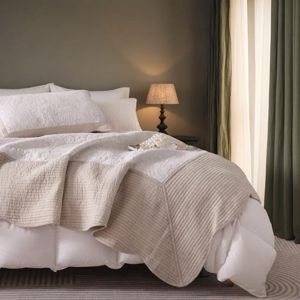 BOV Queen Quilt Bedding Set - Cotton Full Size Quilt Set with 2 Pillow Shams, Lightweight Bedspread Coverlet Queen Size Quilts for Bed Set, All Season Floral Embroidery 96"X92" Light Beige Ivory