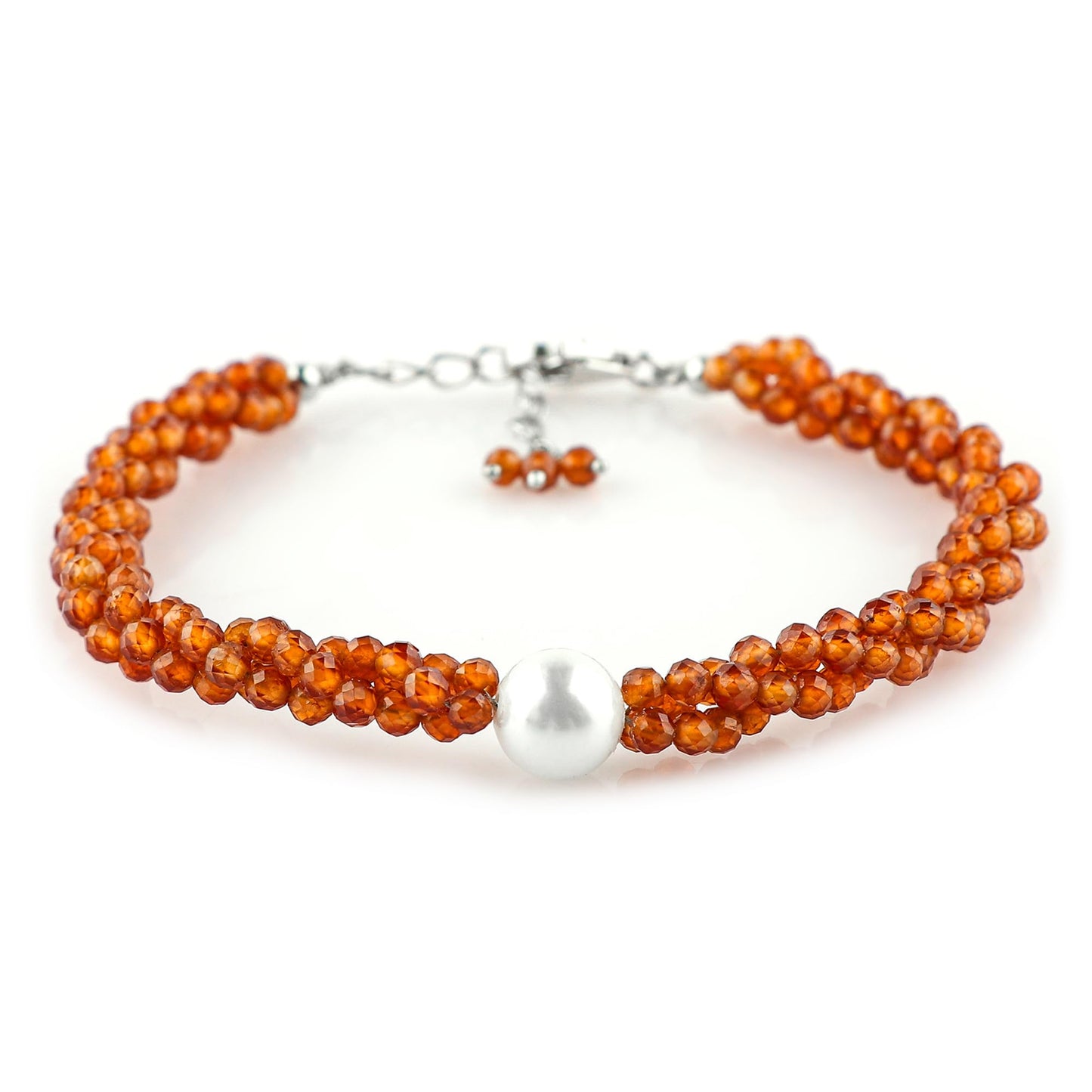 CRYSTALIS Natural Hessonite Garnet Beads Twisted Rope Bracelet with Elegant Pearl, High Grade Gemstones, Chakra Healing Stones, Gift Giving Womens Jewelry, 925 Sterling Silver Bracelet 8 inch