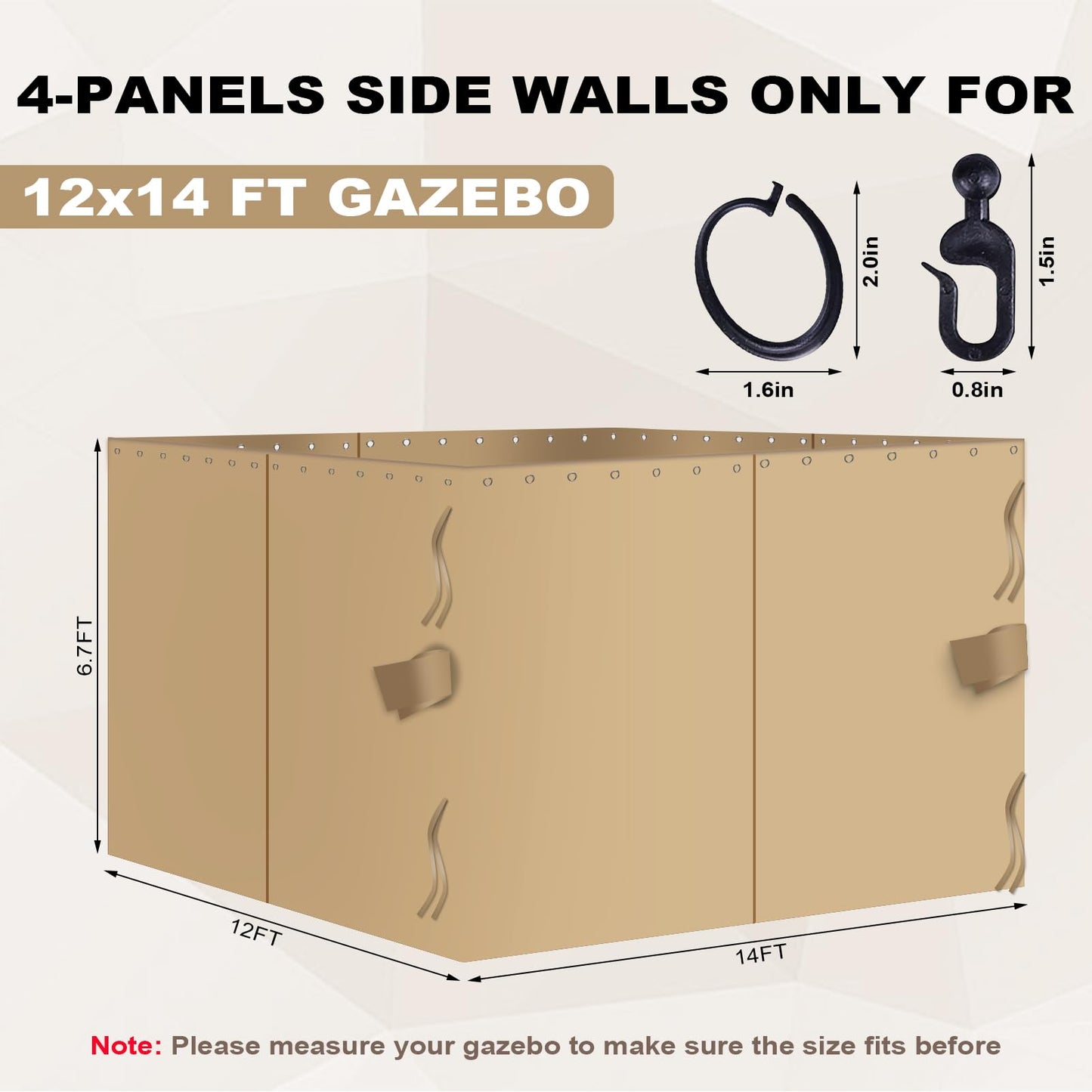slashome 12'x14' Gazebo Curtains Outdoor Waterproof, Khaki Universal Replacement Curtain 4-Panels, Sidewalls with Zipper for Garden, Patio, Yard (Only Curtains)