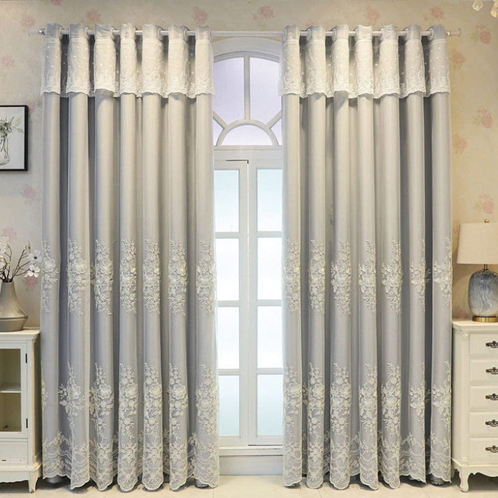 Amidoudou 1 Pair European Double Layer Curtains Luxury Flower Embroidered Curtains for Living Room Bedroom (Grey,52x90 Inch)