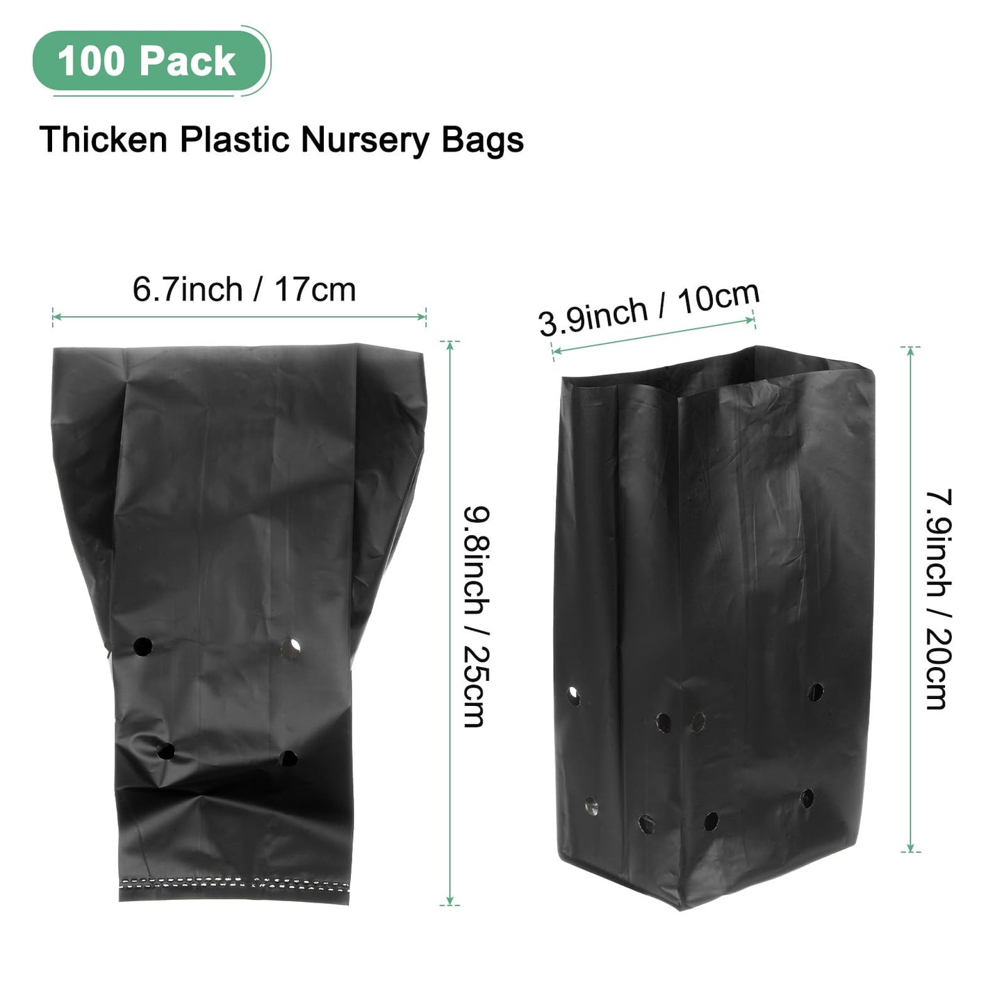 M METERXITY 100-Pack Nursery Growing Bags, 6.7" x 9.8" Thicken Plastic Nursery Bags, Gardening Seed Plant Bags for Potato/Flower/Tomato/Plant Starts/Home Gardening Supplies [Black]