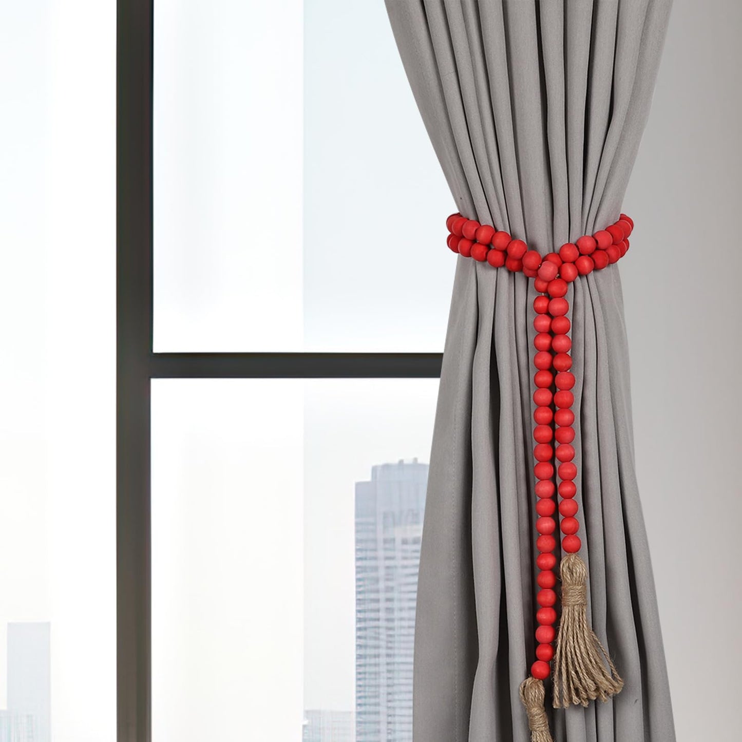 QIAHMNYE Wood Beads Garland with Tassel Rustic Country Decor Prayer Boho Wooden Beads String for Morden Wall Hanging Decor-Rose