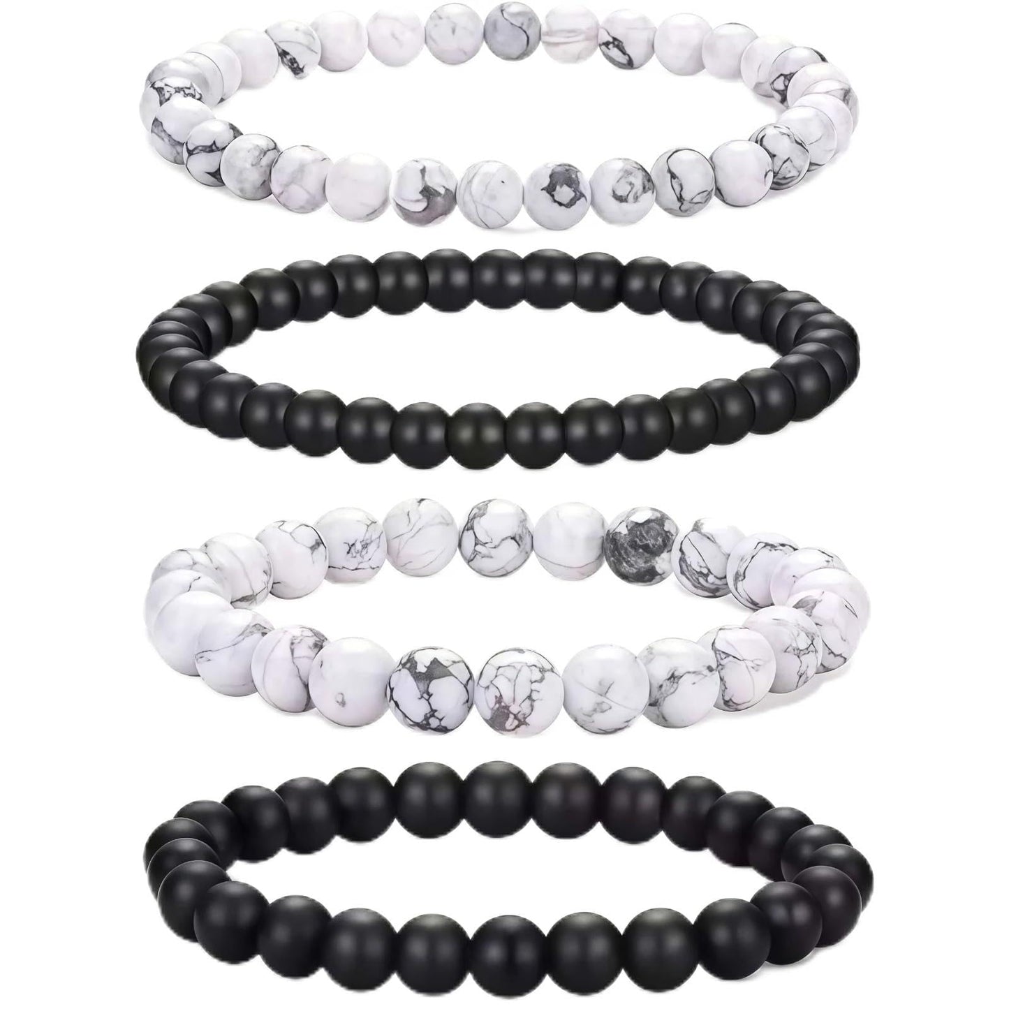 Liiusgelad Mens Beaded Bracelets 4-Pack, 8mm & 6mm Black and White Stone Bracelet Set, Hematite Obsidian Tiger Eye Crystal Mala Bead Bracelet for Men, Pulseras para Hombres, Mens Jewelry Accessories