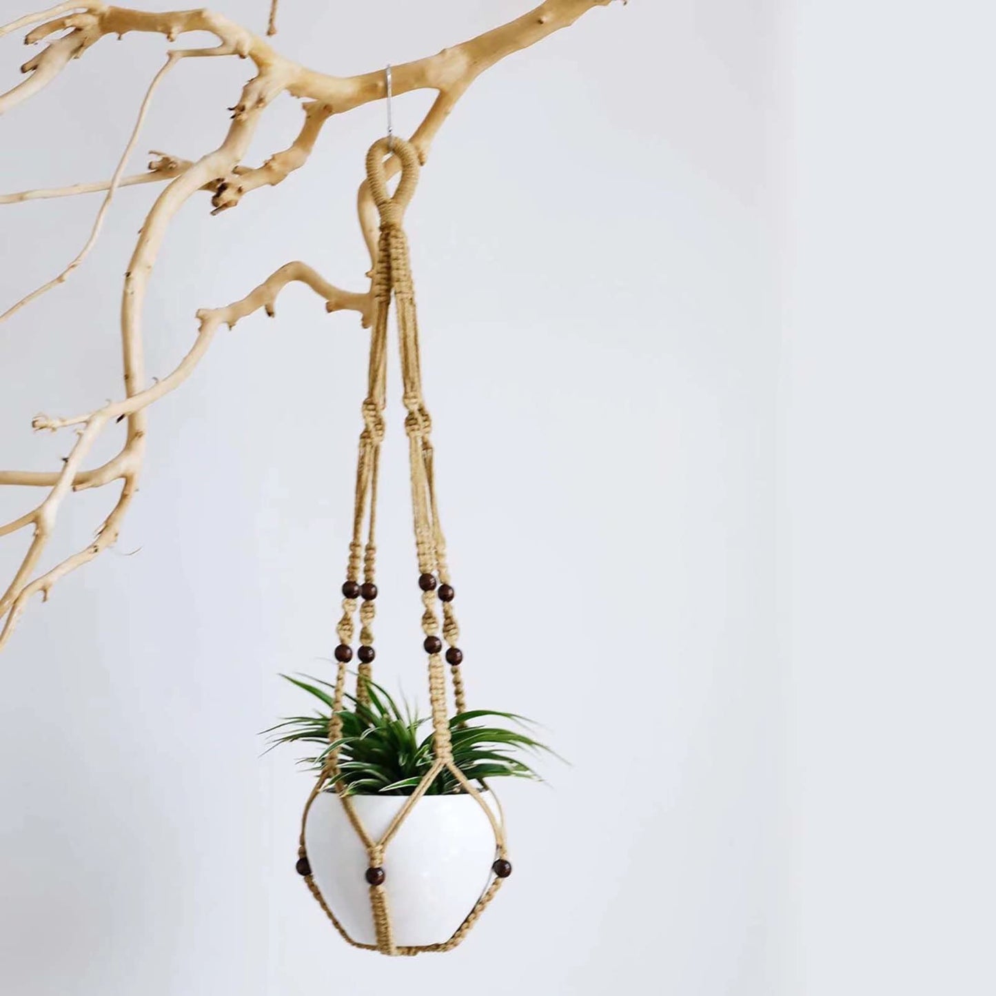 AKEIE Macrame Plant Hanger 3 Pack Indoor & Outdoor Wall Hanging Planter + 3 Hooks Hanging Planters Basket Cotton Rope 4 Legs 35 Inch Used for Herbs Ferns Ivy Crawling Plants Hanging Planters(Brown)