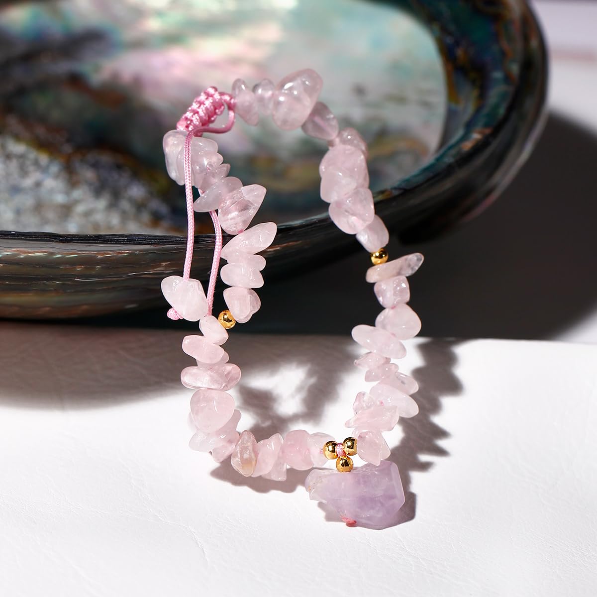 Jewever Chip Reiki Raw Amethyst Rose Quartz Crystal Bracelet for Women Chakra Tumbled Healing Crystals and Gemstones Yoga Meditation Stone Bracelets Adjustable (Rose Quartz)