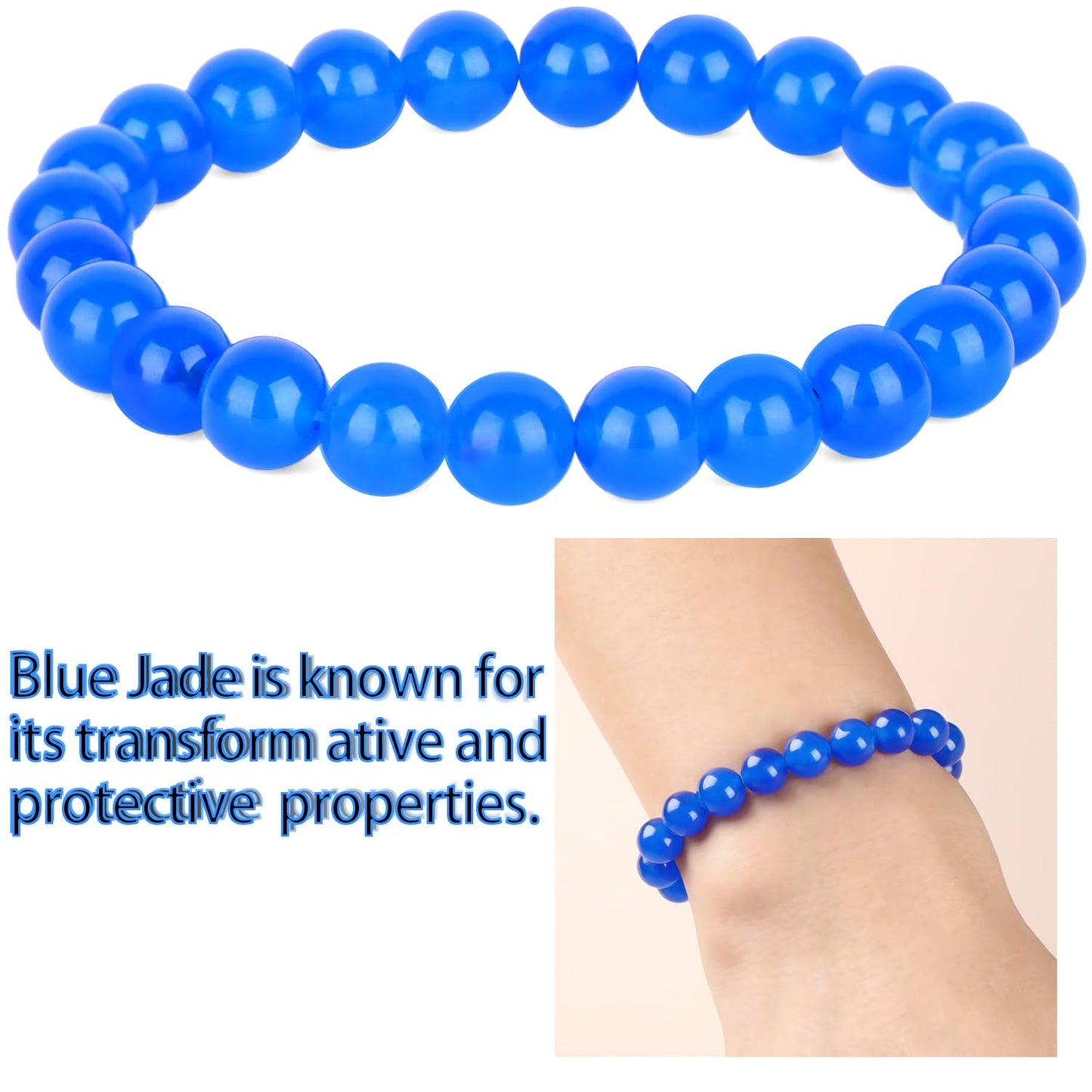 QOGIR Handmade Healing Bracelets,8mm Blue Jade Bracelet - Transformation and Protection - Stone Beads Stretch Bracelet for Women Men