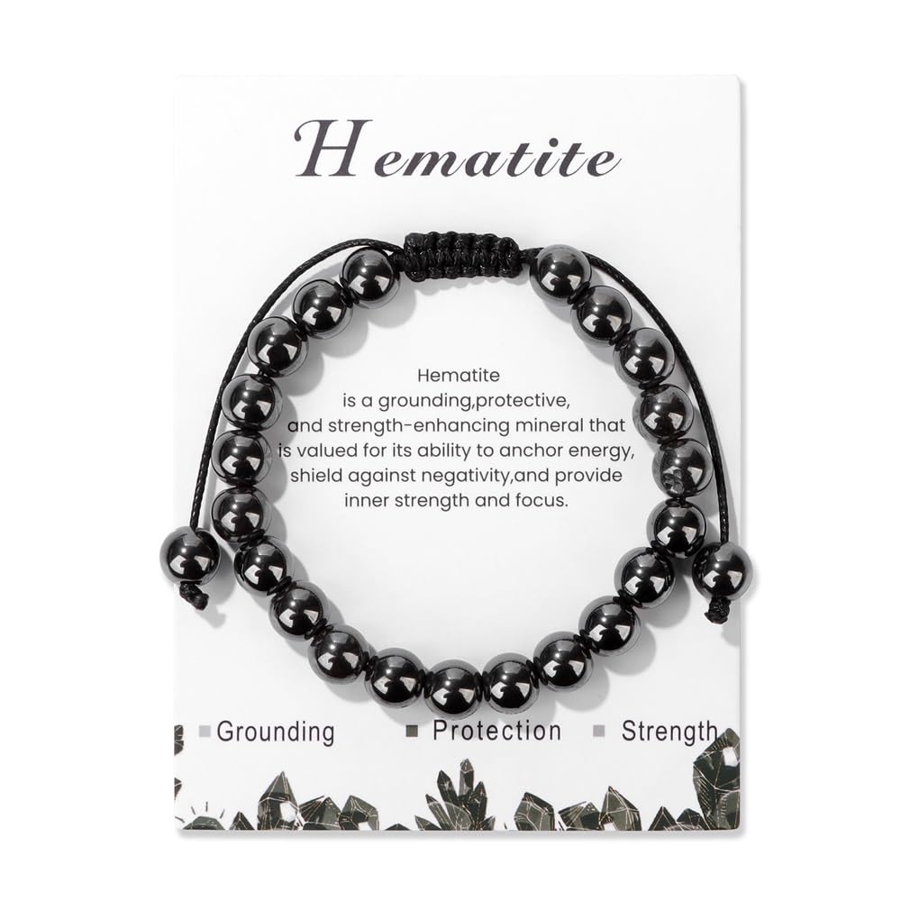 Hematite Bracelet for Men Boys 8mm Adjustable Gemstone Bracelet Crystals and Healing Stones Beaded Bracelets Healing Crystal Bracelets Hematite Jewelry for Women
