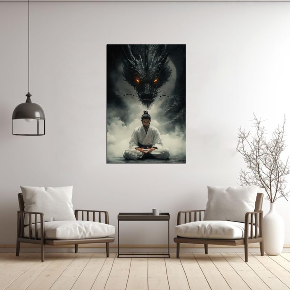 Meditating Samurai Black Dragon Wall Art Glowing Eyes Misty Japanese Warrior Canvas Print Oriental Dragon Zen Decor for Living Room Bedroom Home Office Ready to Hang-12x16 inch