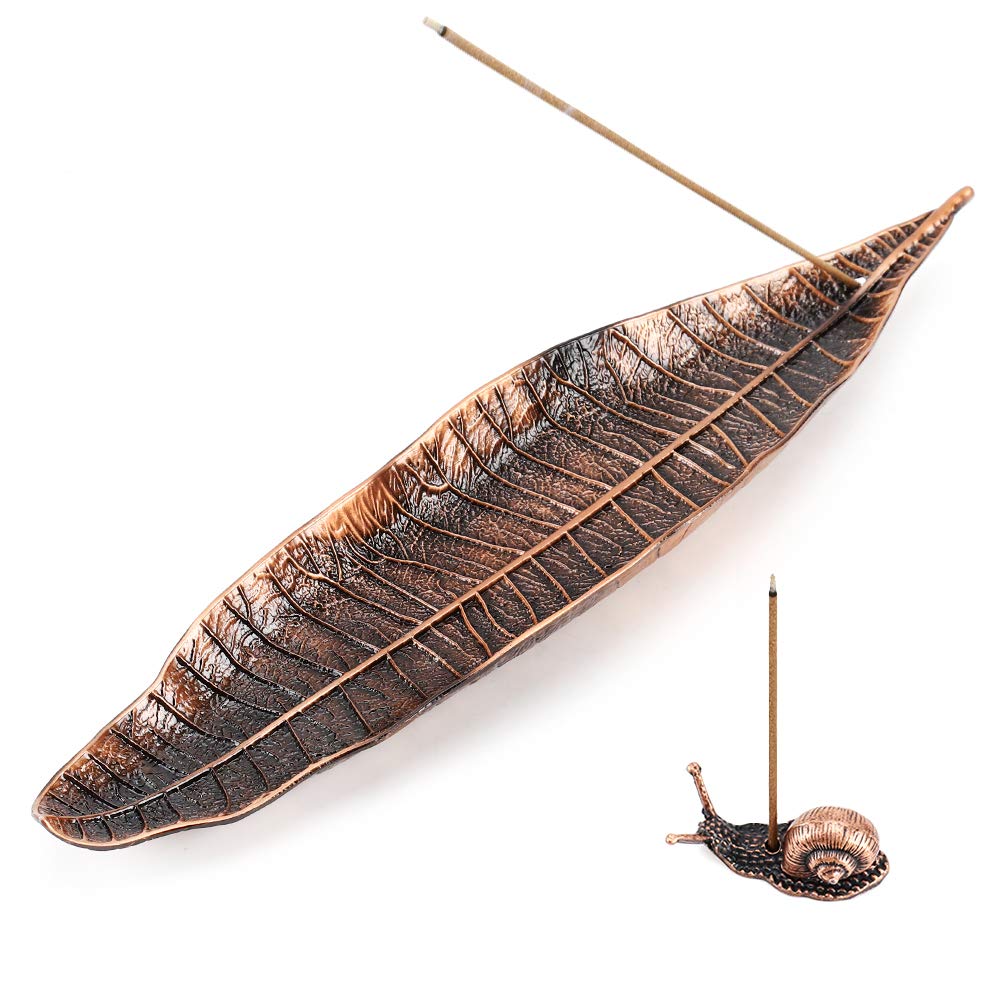 Accmor Incense Holder Set, Leaf and Snail Incense Burner, Incense Ash Catcher, Incense Sticks Holder for Counters, Meditation Room, Yoga, Home, Office, Red Copper