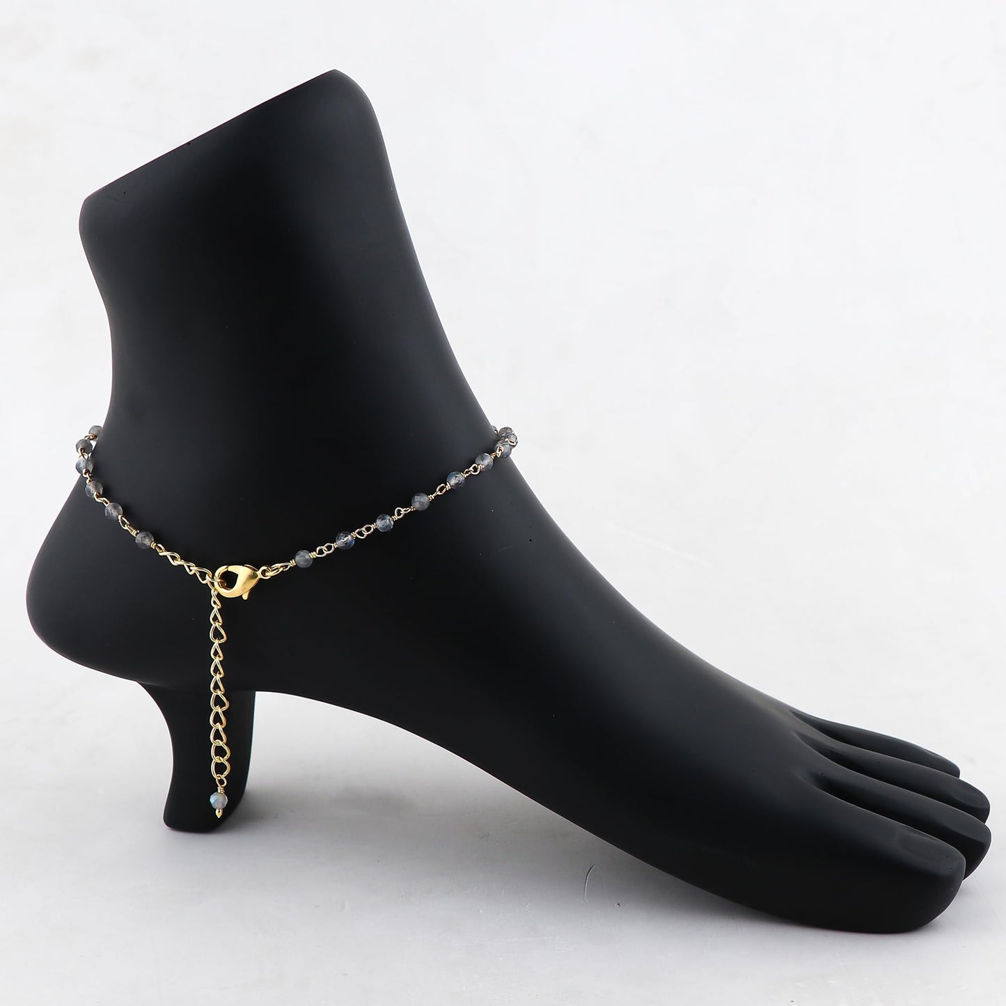 JOR Natural Labradorite Beaded Rosary Anklet, Handmade Craft, Anklet Beads Bracelet, Chakra Healing Anklet, Gemstone Women Jewelry, Hypoallergenic Gold Plated Anklet 9 inch + 2 inch (1pcs)