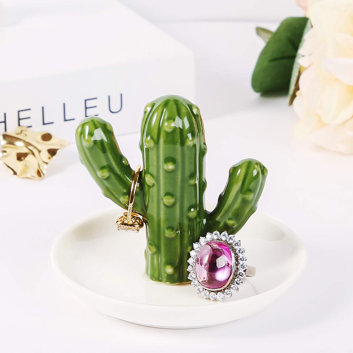 AUTODECO Ceramic Ring Holder Handmade Trinket Dish for Rings Earrings Necklace Organizer Display Great Birthday for Women Green Cactus