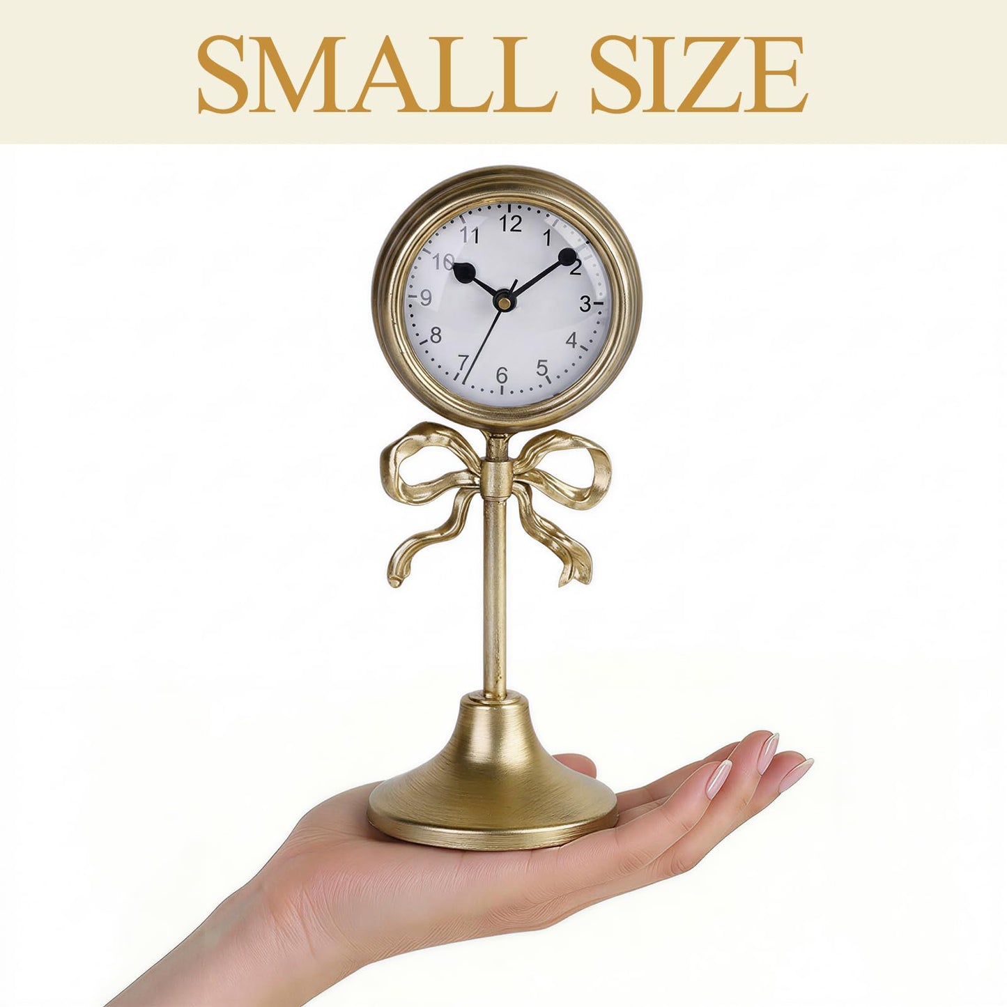 NIKKY HOME Gold Table Clock with Bow, Silent Non-Ticking Classic Elegant Battery Operated Decorative Mantel Desk Shelf Clock for Living Room Decor