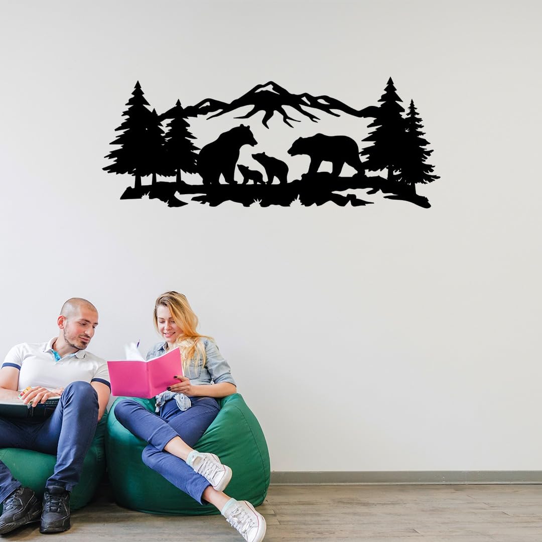 METALPLEX Mountain Bear Family Metal Wall Art – Fade-Resistant & Rust-Free Aluminum Composite Nature Wall Decor for Living Room – Bedroom & Cabin Aesthetic, Easy to Hang – Black, 40"x 16"
