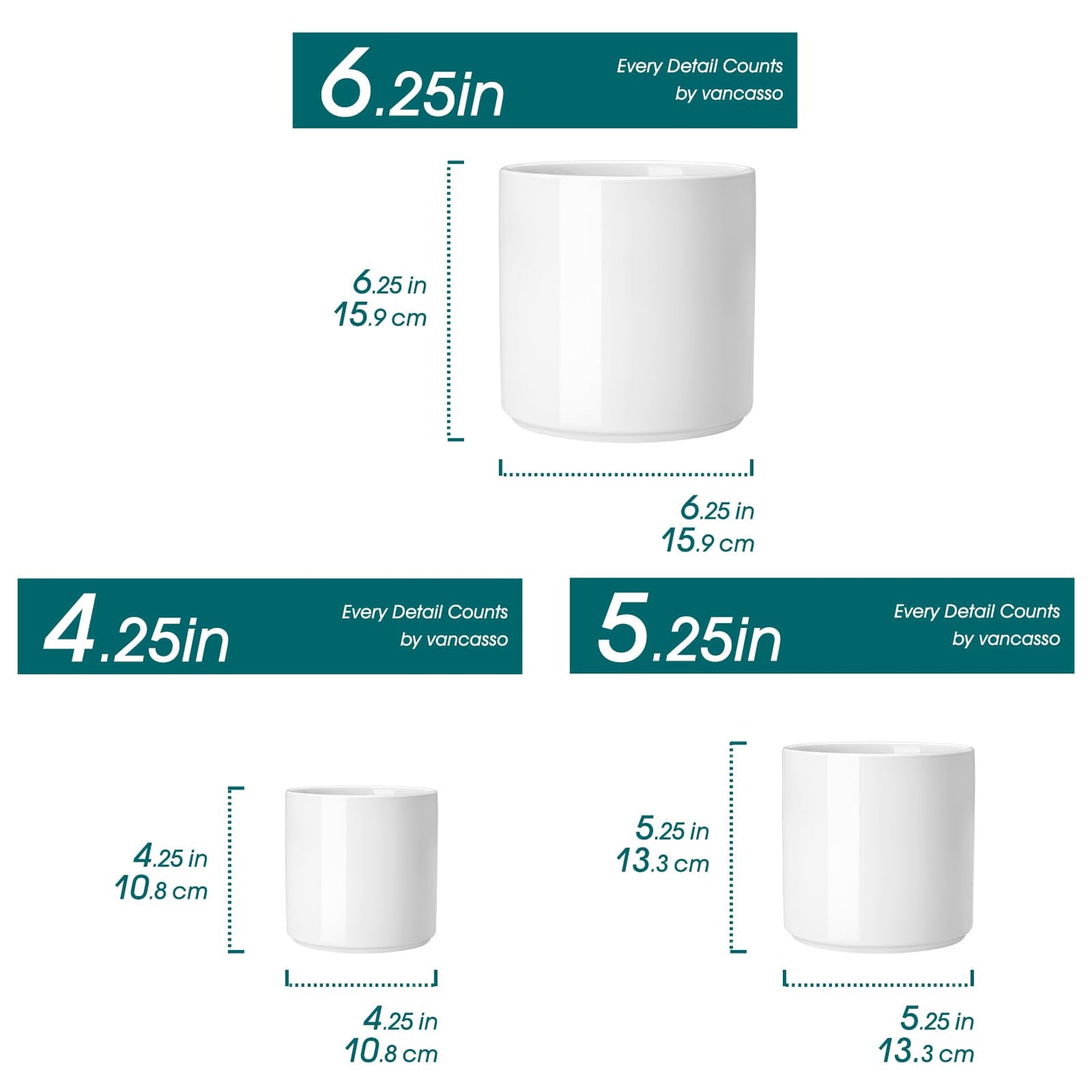 vancasso Ceramic Plant Pots, 4.25+5.25+6.25 Inch Planter Pot with Drainage Hole, Flower Pots for Indoor Outdoor Plants, Set of 3, White