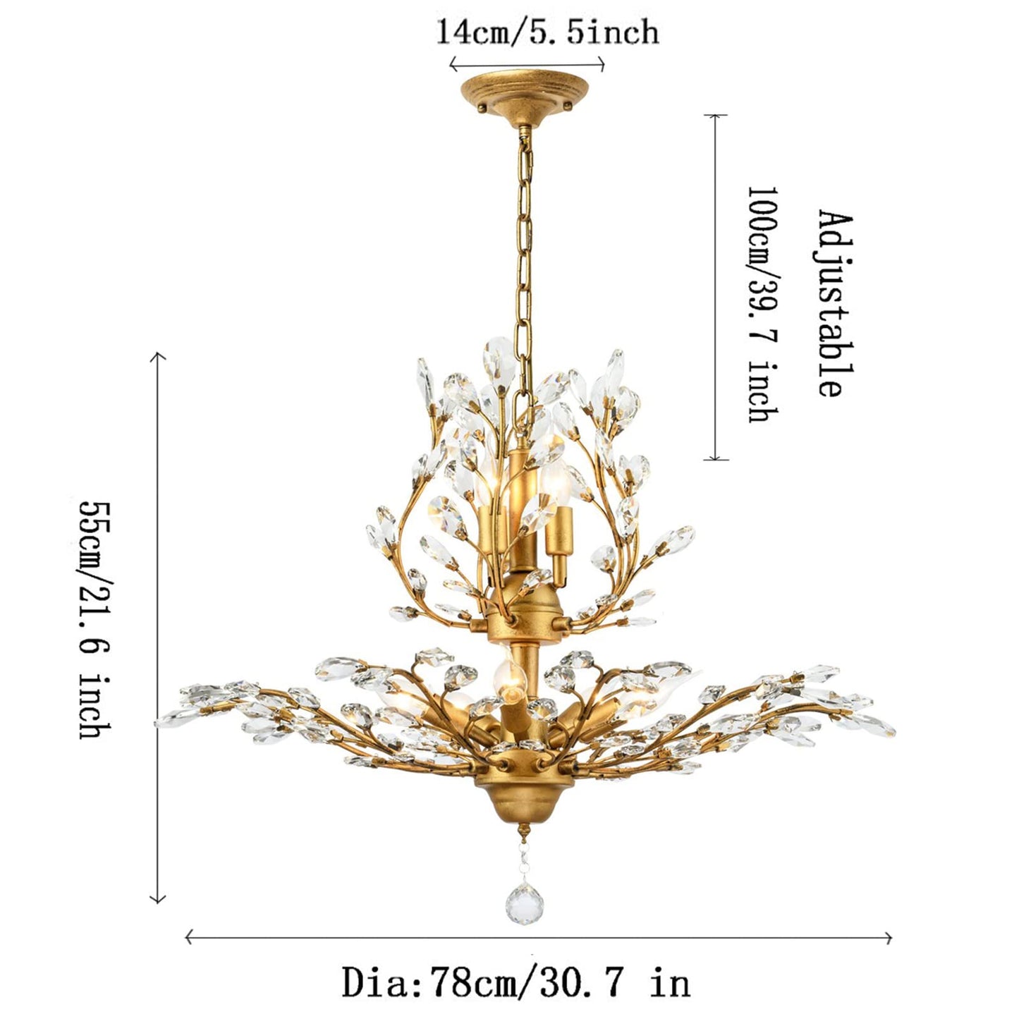 Ganeed Crystal Chandeliers,Vintage Pendant Lighting Crystal Chandelier Lighting Fixtures with 8 Lights,Ceiling Light Fixture for Living Room Bedroom Restaurant Porch Hallway (Gold)