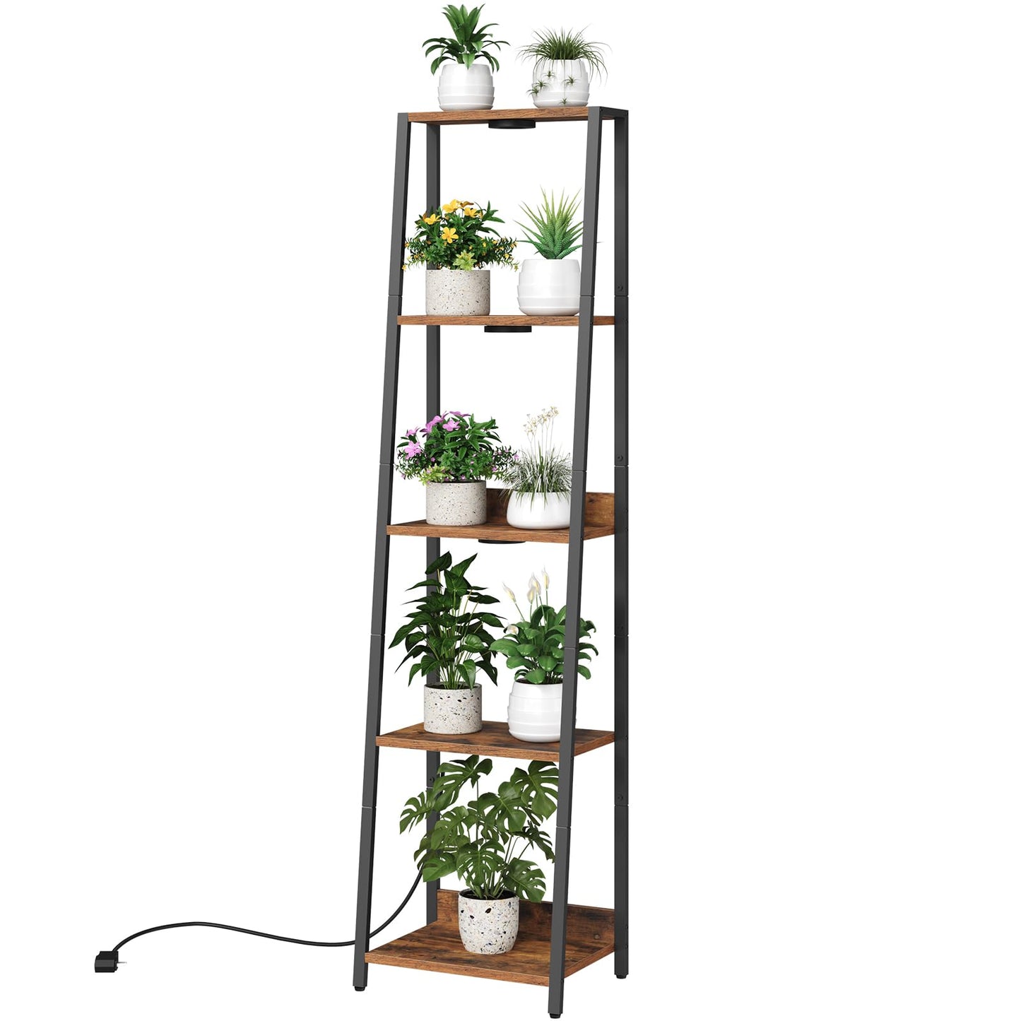 MAHANCRIS Plant Stand with Grow Light, 5 Tier Plant Shelf with Timer for Indoor Plants, Ladder Shape Flower Rack with Raised Back Edges, for Living Room, Balcony, Rustic Brown and Black PSHR05E01