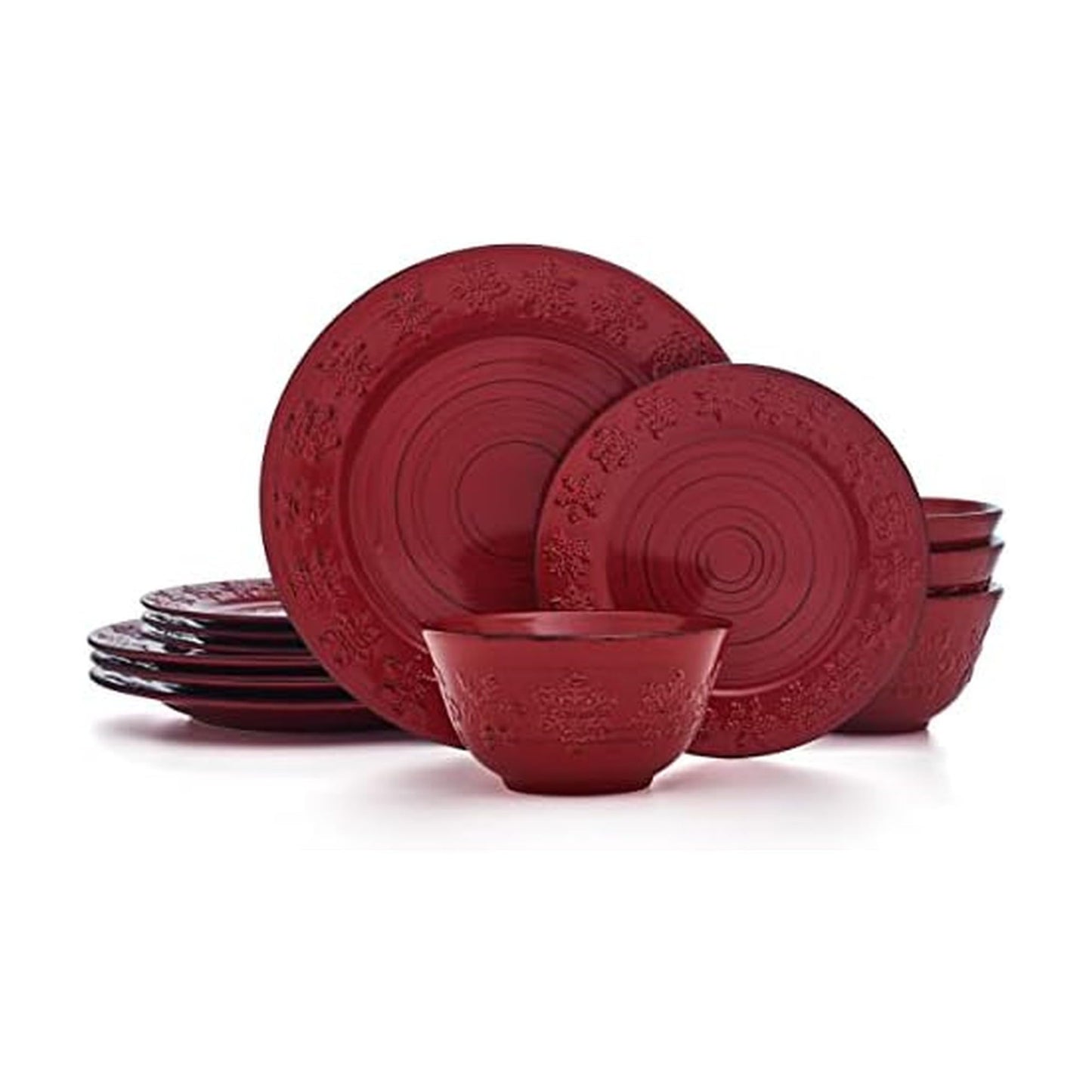 Pfaltzgraff Trellis Snowflakes 12 Piece Dinnerware Set, Service For 4, Red