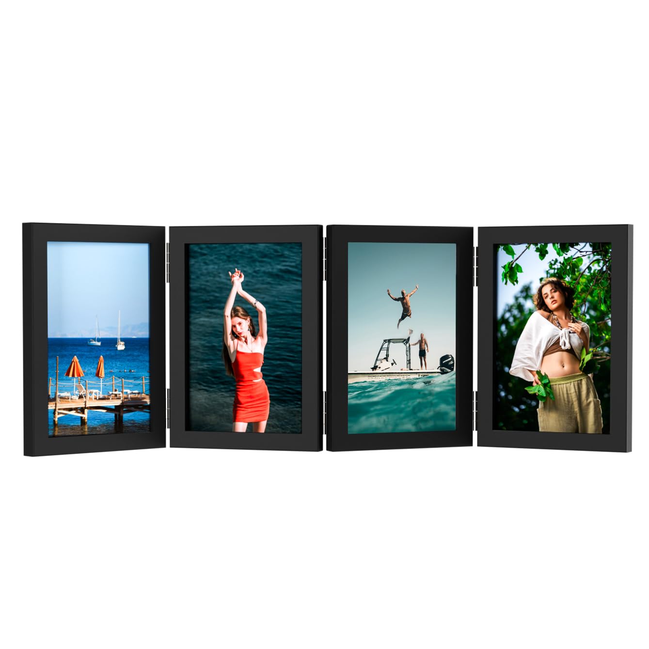 WARM&LOVE 4 Picture Frame, 4x6 Four Folding Hinged Photo Frames, Rustic Wood Desk Family Photo Collage Stand Vertical on Tabletop for Birthday Family Lover Gift (Black)