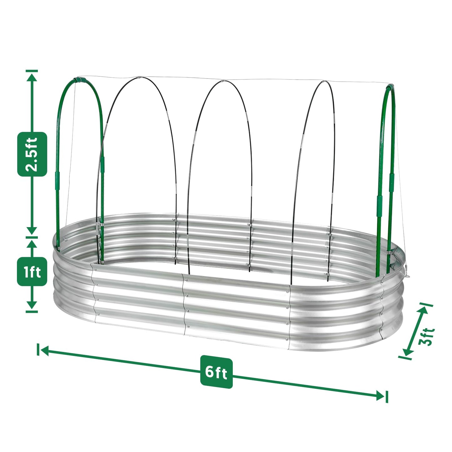 Raised Garden Bed with Greenhouse Frame and 3 Covers, 6x3x1 FT Garden Planting Box, Galvanized Metal Oval Tall Planter Box for Outdoor Gardening, Large Planting Space for Vegetables, Flowers