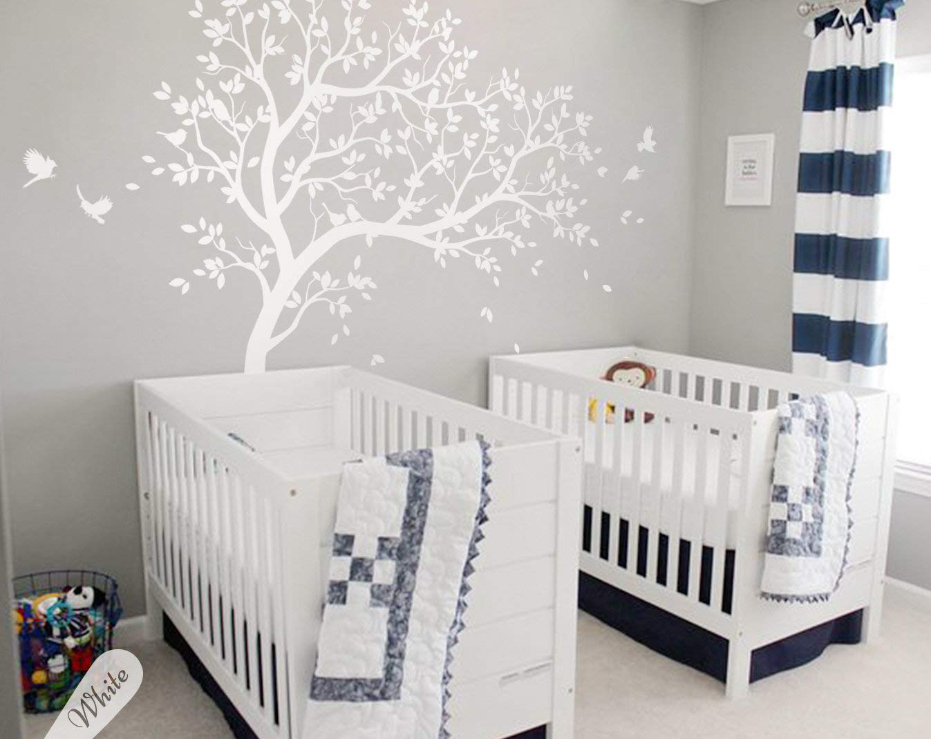 Large Tree Wall Decals Nursery Leaning Tree Stickers with Birds Wall Art Mural Vinyl Decor KW032 (Leaning Right, White)