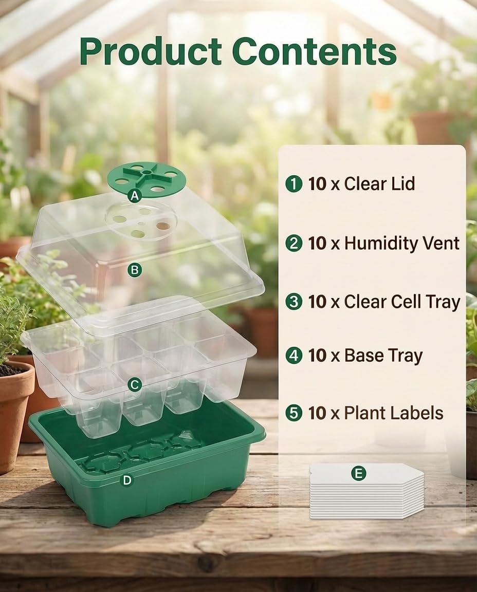 NACNO 10 Packs Seed Starter Tray Seed Starter Kit with Humidity Dome (120 Cells Total Tray) Seed Starting Trays Plant Starter Kit and Base Mini Greenhouse Germination Kit for Seeds Growing Starting