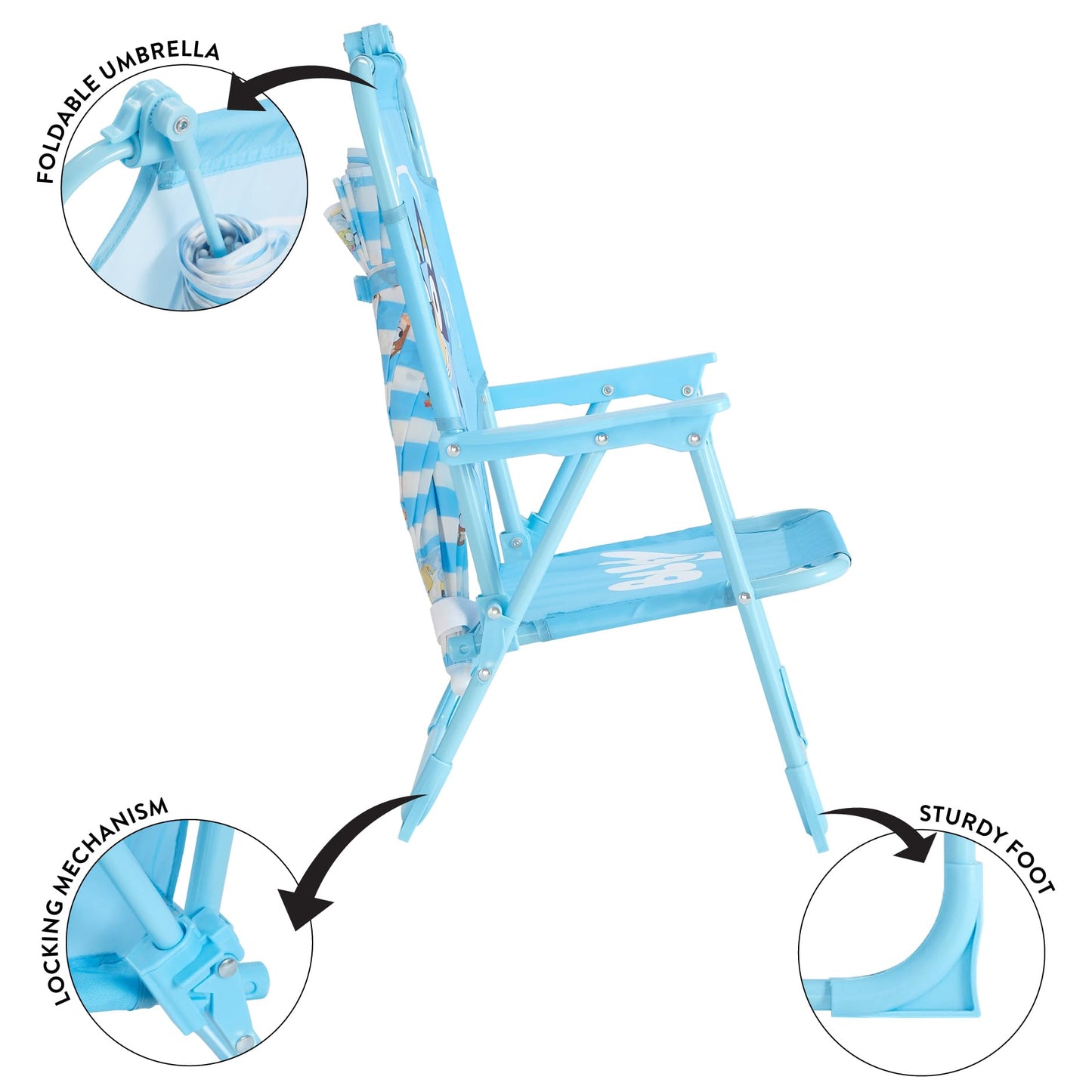 Idea Nuova Bluey Kids Outdoor Folding Beach Chair with Umbrella,Portable Camp Chair for Ages 3+, Lightweight & Compact for Beach, Camping, and Backyard