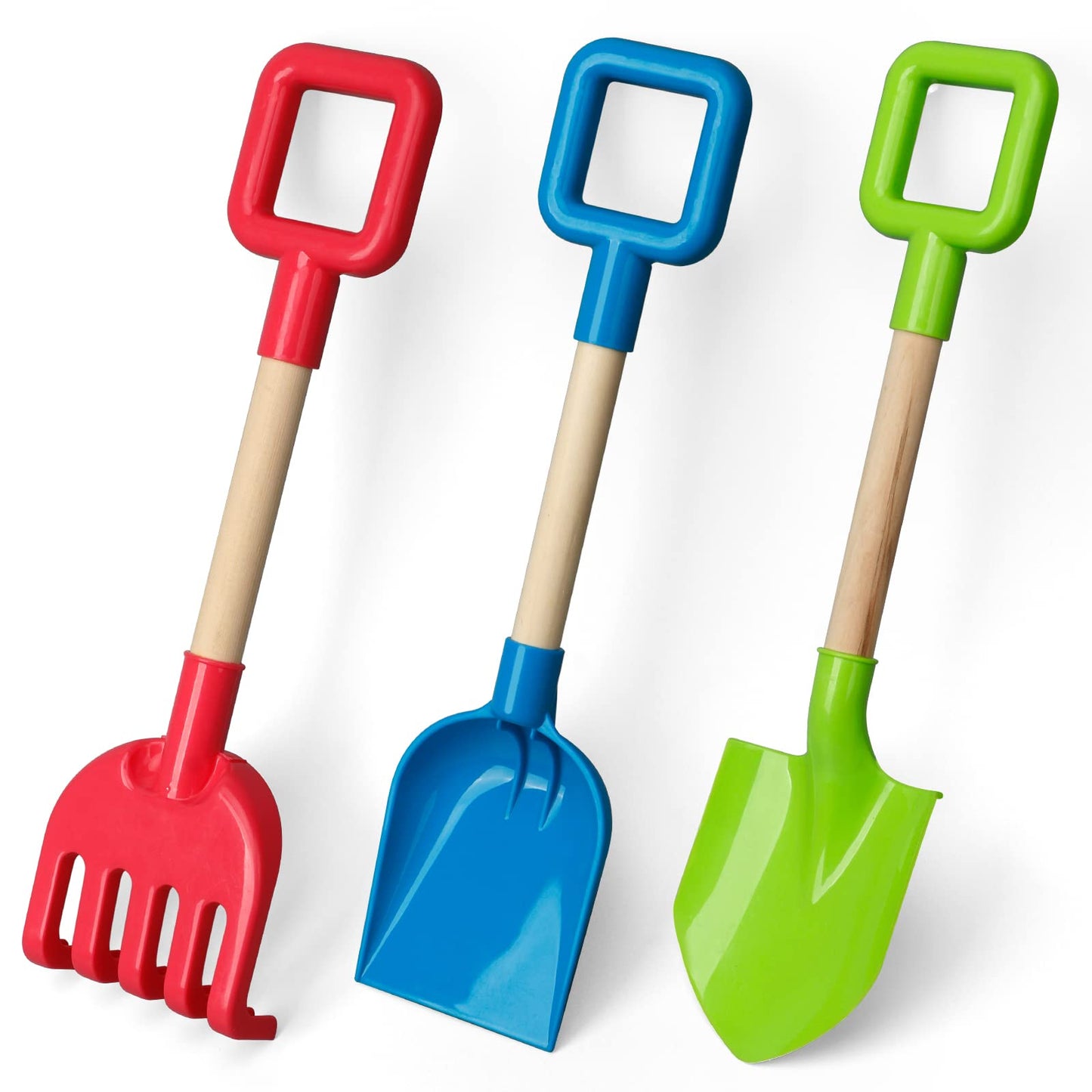 Dilabnba 16'' Kids Beach Shovels Sand Spades Toys Garden Tools, Wood Handle ABS Plastic Spade Rake Scoop for Digging Sandbox Gardening Snow Backyard Summer Outdoor Toy 3-Pack, Blue/Green/Red