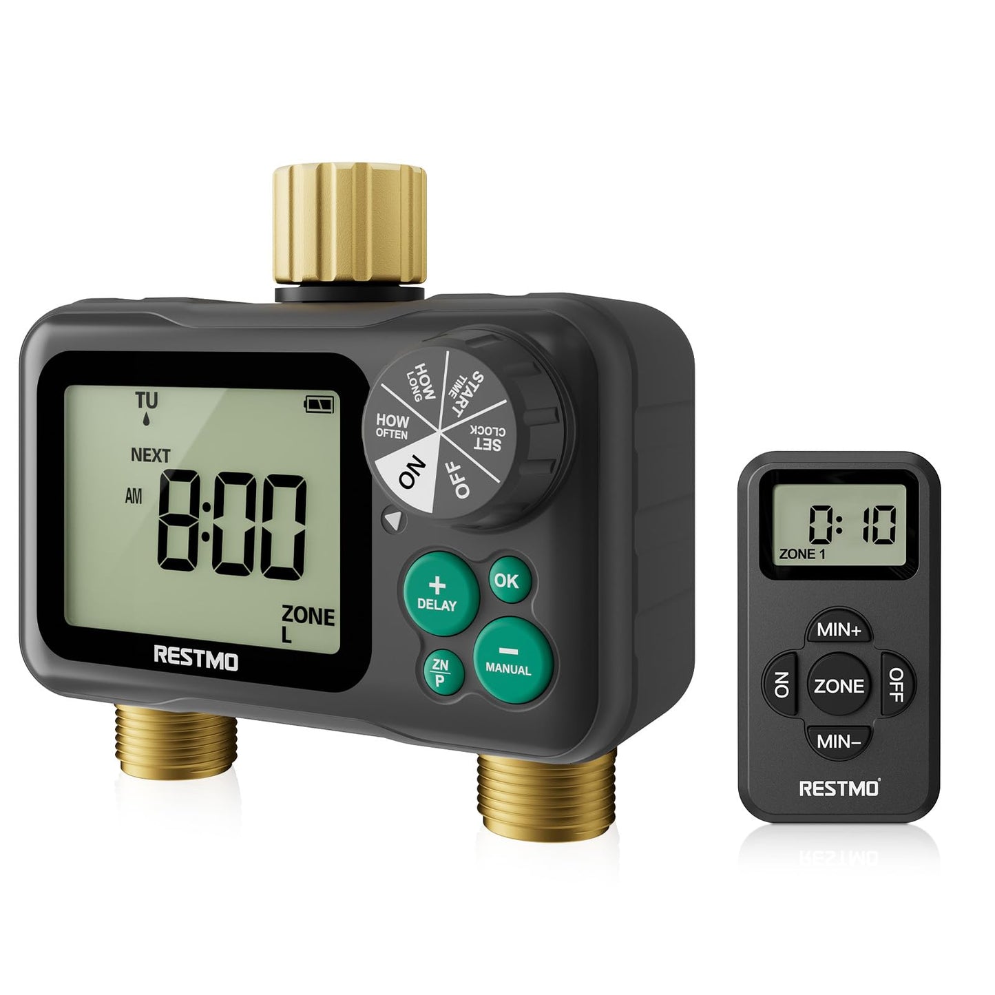 RESTMO Remote Control Brass Sprinkler Timer for Outdoor Hose Faucet 2 Zone, Max 11h59m Programmable Water Timer for Soaker Hose, Misting with Large Dial, Rain Delay/Manual/Automatic Irrigation System