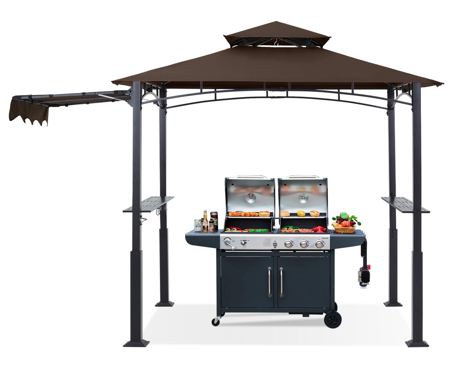 ABCCANOPY Grill Gazebo with Extra Awning - 11x5 Outdoor BBQ Canopy Shelter with 2 Led Lights for Patio Backyard Grilling (Coffee)