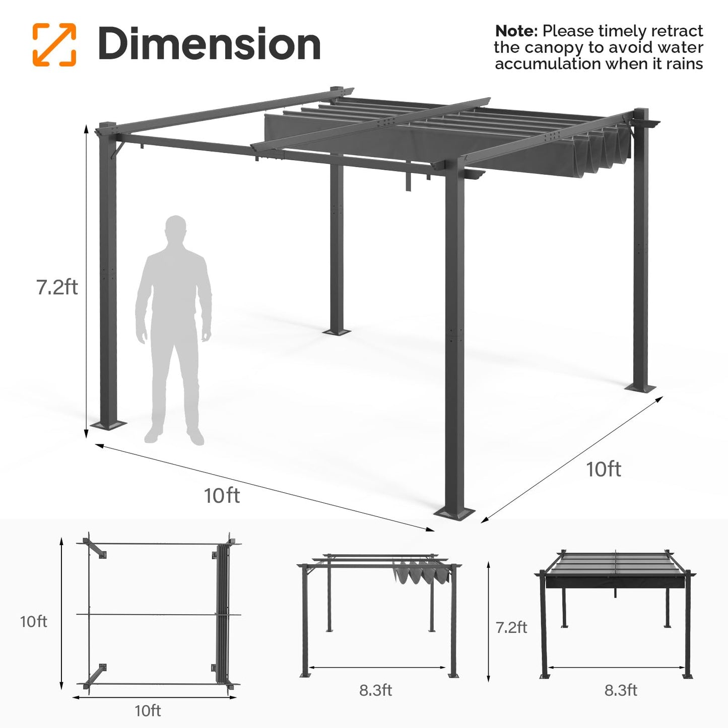 VINGLI 10’x 10' Outdoor Pergola Retractable Aluminum Pergola Canopy with Adjustable Roof, Patio Pergola for Deck, Porch, Garden, Yard (Gray)