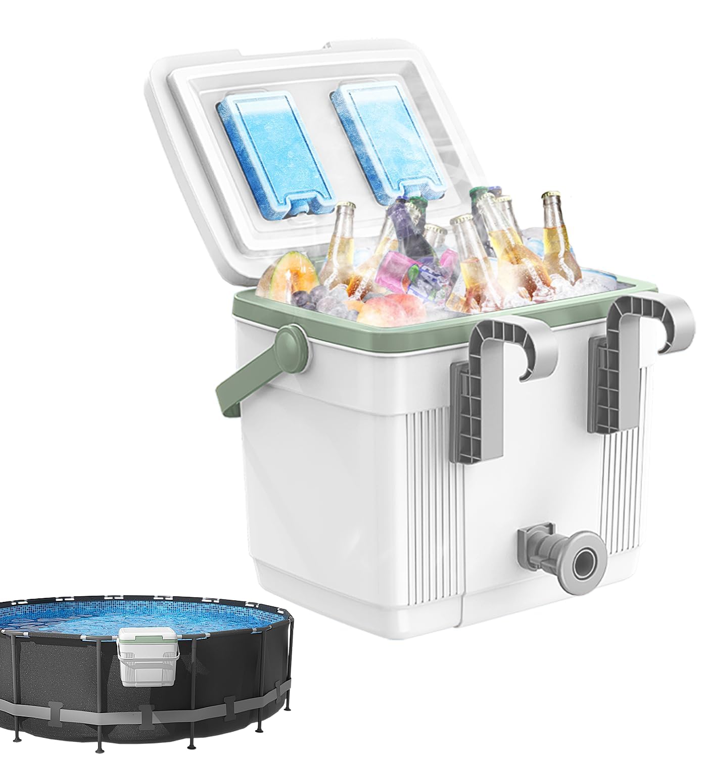 Pool Cooler with 2 Ice Pack – 22L Extra-Large Insulated Hanging Cooler for Above-Ground Pools, Fits Intex Bestway etc, Holds 24 Cans, Keeps Ice 3X Longer, Ideal for Poolside Camping & Outdoor Parties