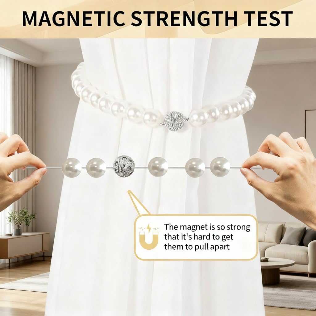 Magnetic Curtain Tiebacks, Curtain Holders for Bedroom Decor, 2 Pack Pearl Curtain Tiebacks for Home, Office, Window Decoration(White)