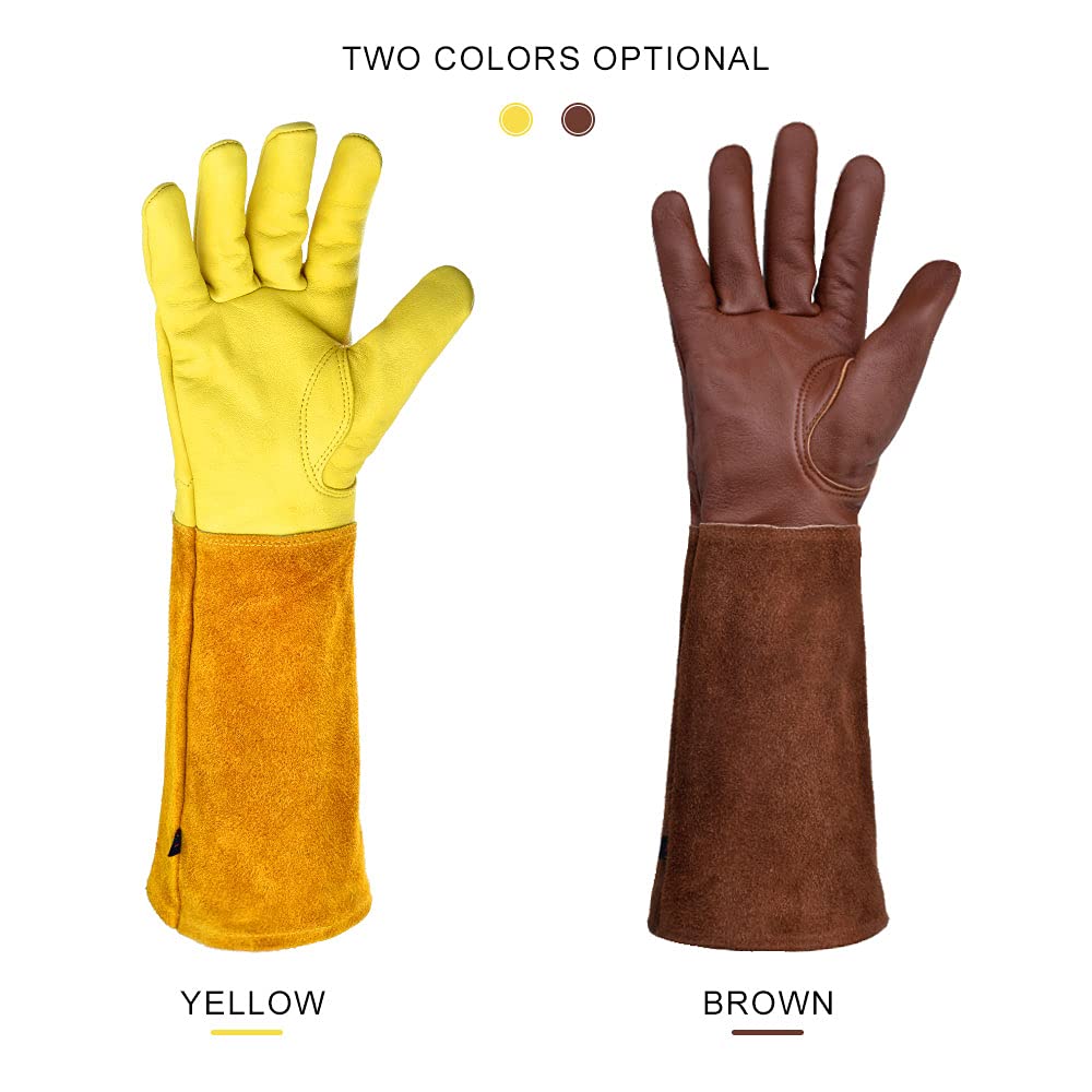 KINDE Gardening Gloves - Thorn Proof Cowhide Leather Rose/Blackberry Pruning Long Forearm Protection Gauntlet, Work Garden Gloves (BROWN, Small)