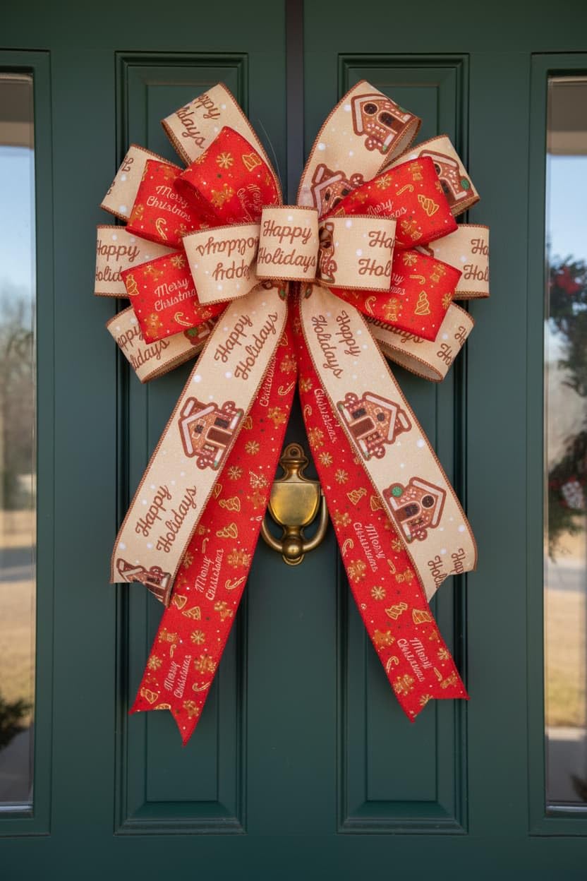 YKW 2 Rolls Christmas Ribbon Set,Gingerbread Man House Wired Edge Ribbons, 2.56" x 5 Yards Each - for Wreath,Bow, Gift Wrapping, Tree Decor - Festive Red & Cream Holiday Patterns