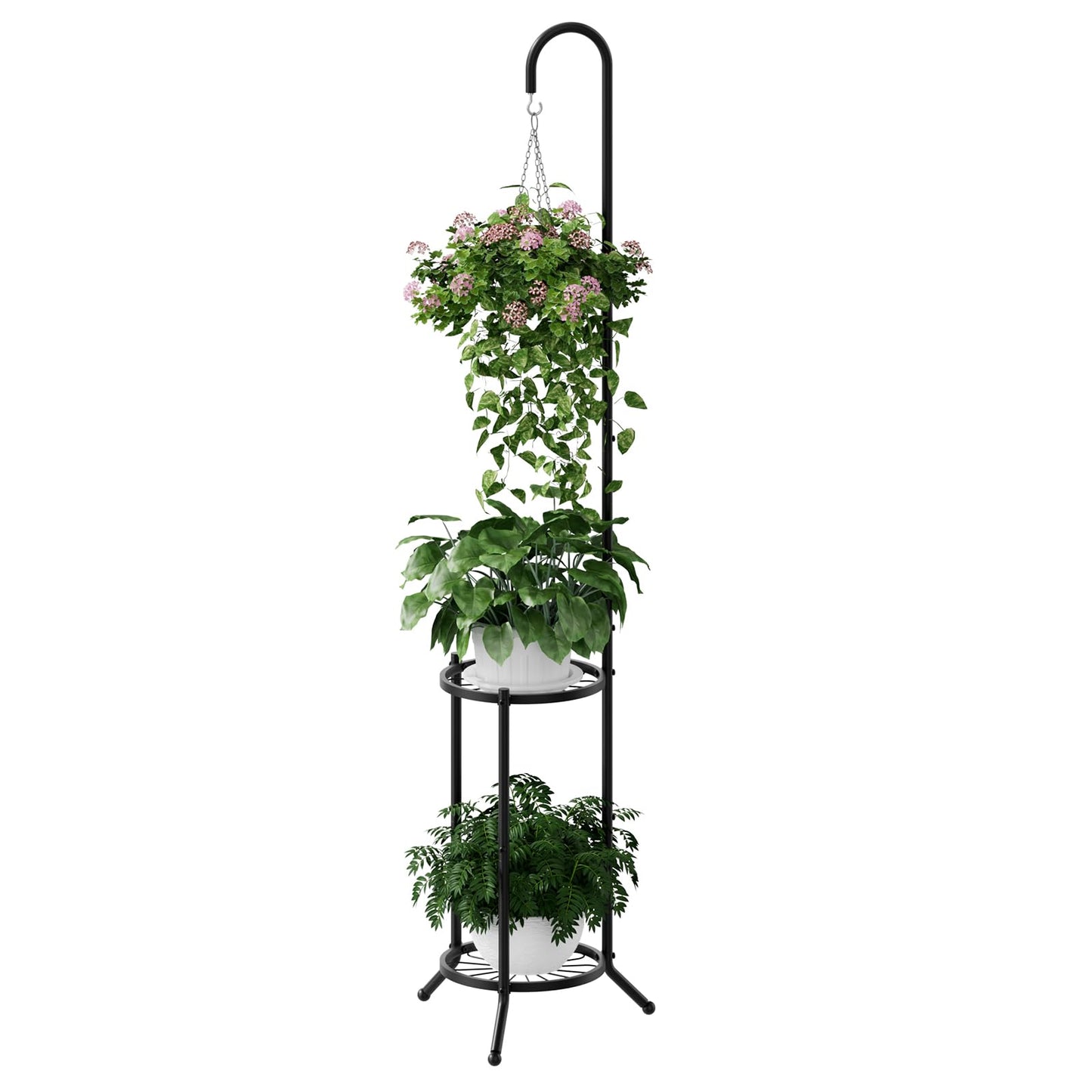 PULIJIAJU 2-tier Hanging Plant Stand Indoor and Outdoor, Space-Saving Iron Plant Shelf, 3 Potted Flower Pot Stand ,Planter Holder for Bedroom Balcony Living Room Patio Garden(Hook Style)
