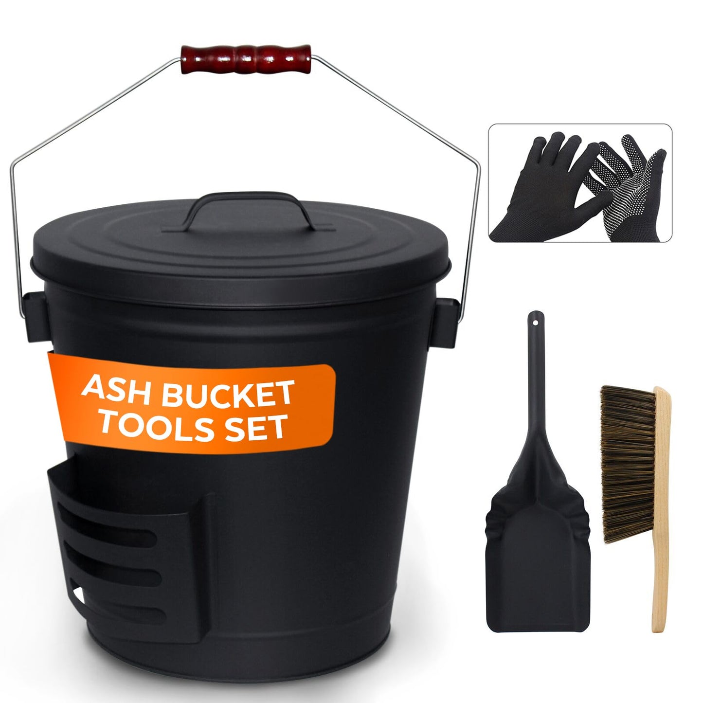 KEFIY 5.2 Gallon Ash Bucket with Lid and Shovel, Metal Fireplace Ash Bucket with Broom, Complete Fireplace Tools Set for Wood Stove and Fireplace