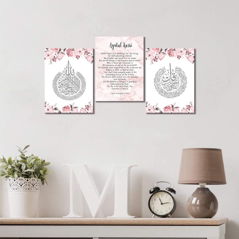 3 Pcs Pink Islamic Calligraphy Flora Ayatul Kursi Quran Muslim Canvas Painting Wall Art Poster Print Living Room Bedroom Decor Modern Home Decorations Paintings Gallery Wrapped Ready to Hang-36"Wx16"H