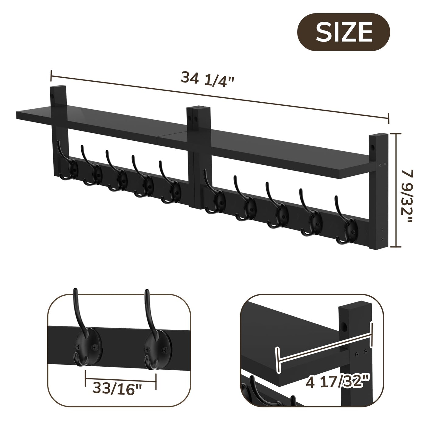AMBIRD 34.2" Extra Long Wooden Wall Hook Rack with Shelf - Versatile and Decorative Wall-Mounted Storage with 10 Hooks for Coats, Hats, Keys - Ideal for Entryways, Bedrooms, Closets (Stylish Black)