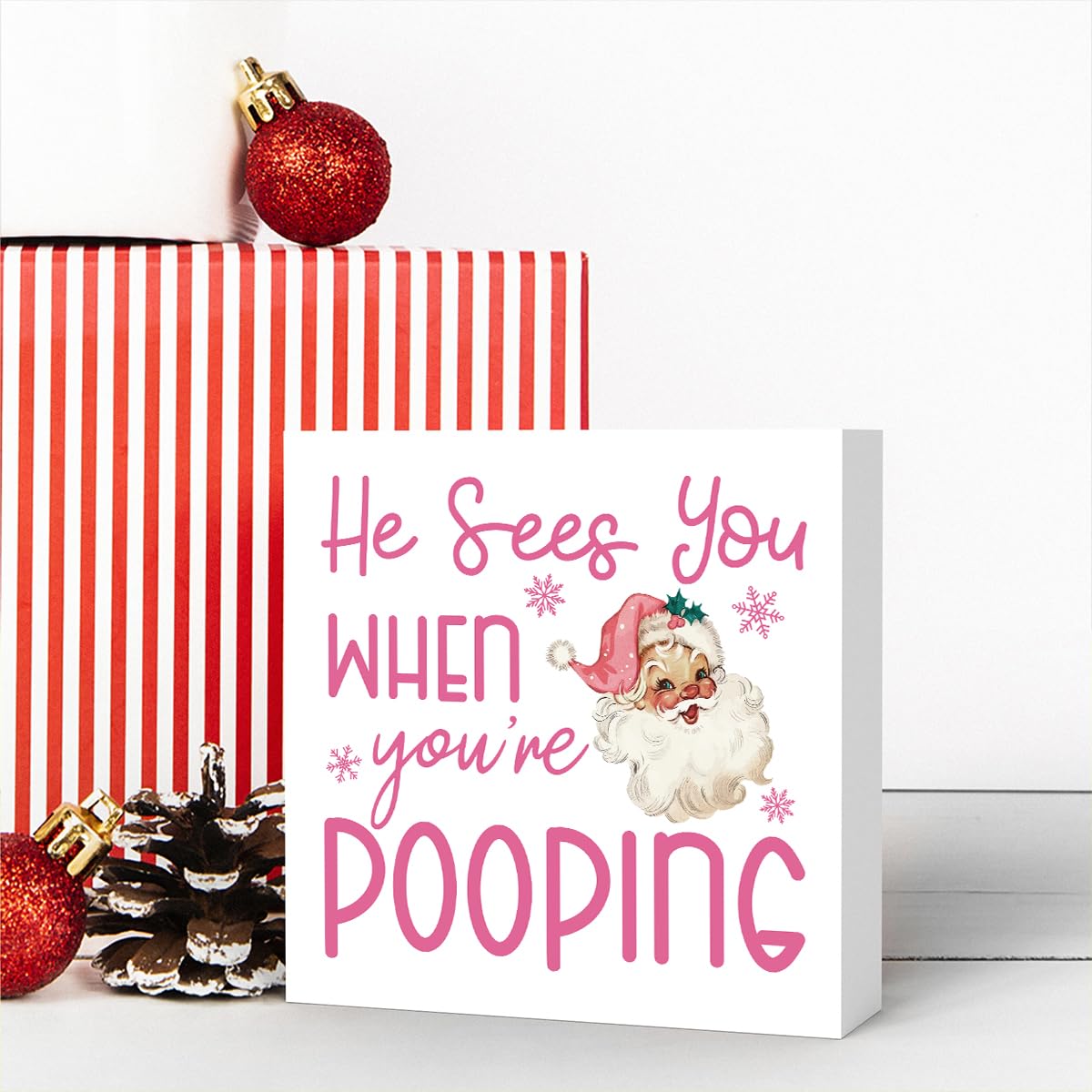 Funny Christmas Bathroom Decor, Pink Christmas Decoration, Funny Gift Decorations for Bathroom, Wooden Box Sign for Home Farmhouse Office Living Room Table Shelf Tiered Desk Decor