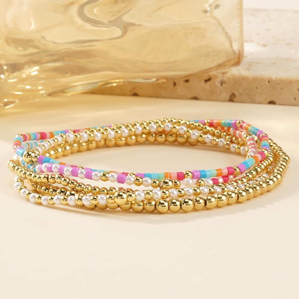 SHINUS BOHO 14K Gold Plated Blue Pink Beaded Bracelets Stack Set for Women,Stretch Stackable Cute Bohemian Colorful Fun Beads Ball Jewelry Friendship Summer Trendy