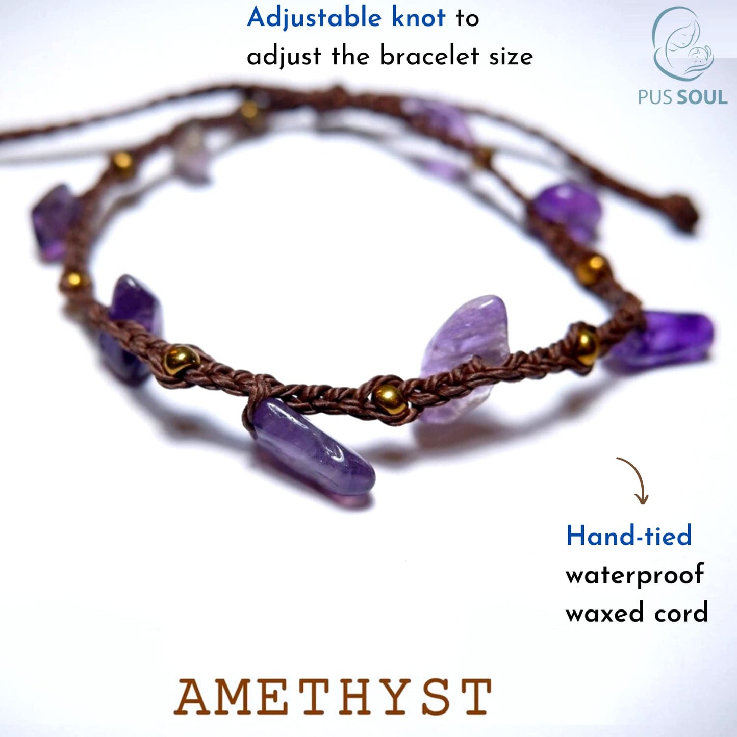 PusSoul Handmade Amethyst Small Crystal Bracelet (6.5-7.5'') - Adjustable & Plus Size, Natural Healing Crystal Chips, Waterproof, Chakra Beaded - Unusual Jewelry for Women, Girl & Friendship from