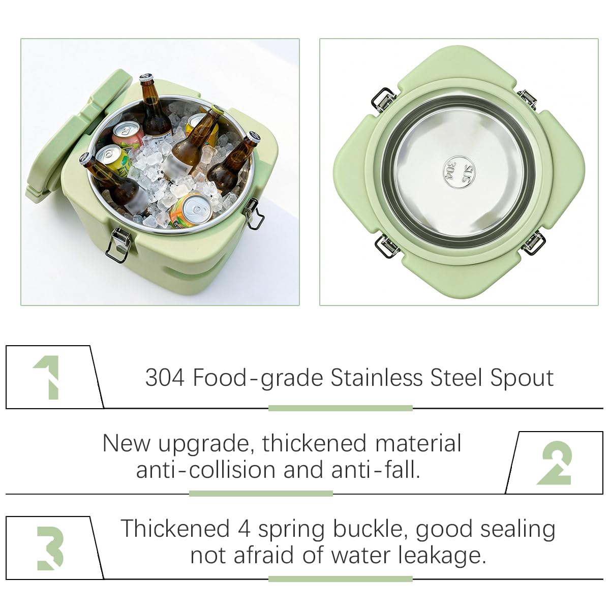 2.5 Gallon Insulated Soup Container Commercial Food Warmer for Hot or Cold Food, 11QT Hot Box for Catering, Food Cooler with 4 Buckles Handles for Restaurant, Canteen,Home (Green)