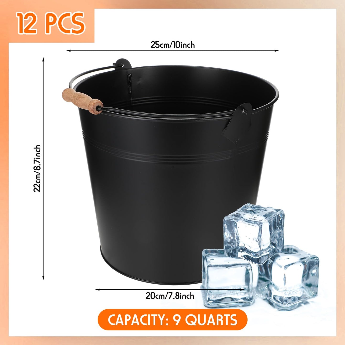 Didaey 12 Pcs Large Galvanized Metal Buckets with Handle 10 Inch Heavy Duty Stainless Steel Pails Round Pail for Party Wedding, Crafts, Utensils, Table Centerpieces (Black)