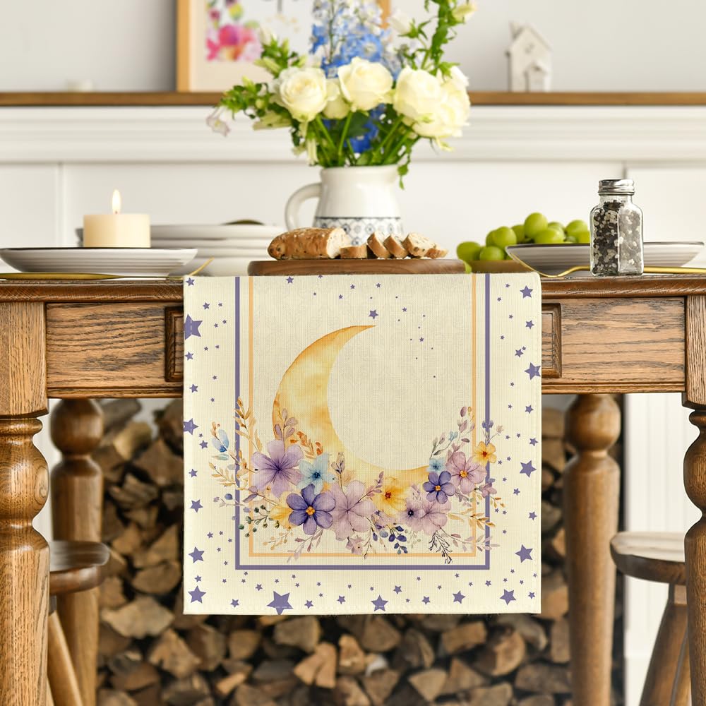 Artoid Mode Ramadan Moon Lantern Floral Table Runner, Seasonal Kitchen Dining Table Decoration for Home Party Decor 13x72 Inch