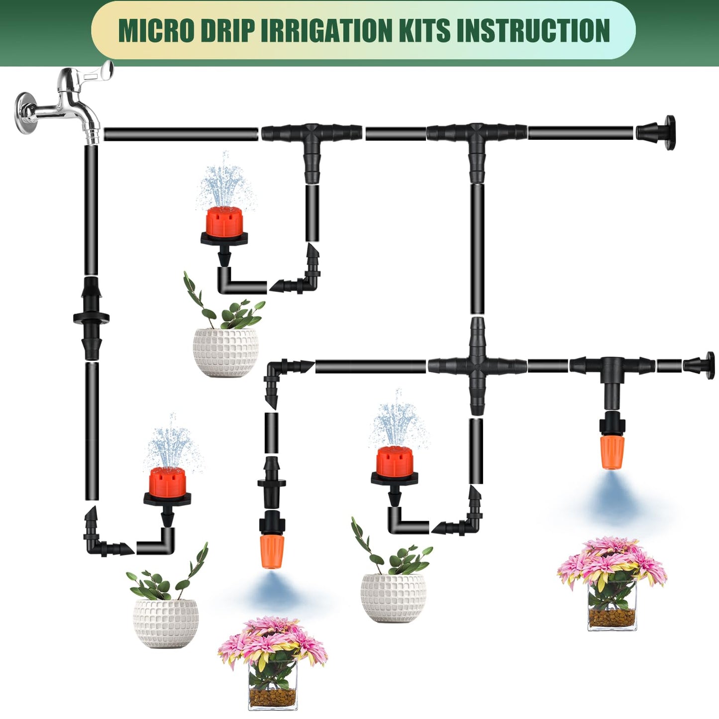 300Pcs Drip Irrigation Fittings Kit for 1/4" Tubing, Drip Line Connectors for Drip Systems- Drip Emitters, Nozzles, Nozzle Tees, Single barbs, 4-Way Connectors, End Plugs, Elbows, Tees, Couplings