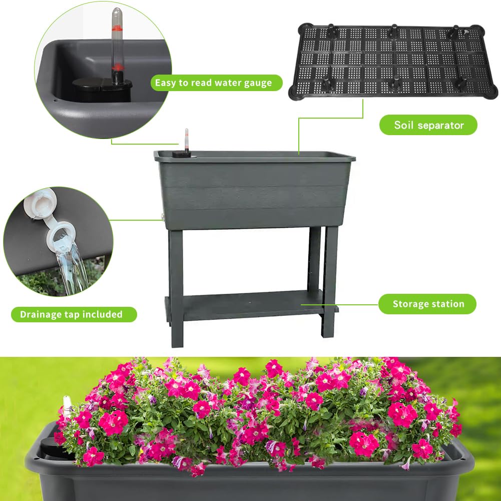 Megawodar 3 Pcs Self Watering Elevated Raised Garden Bed, Large Outdoor Plastic Planter Box Big Flower Plant Pot for Planting Flowers Vegetables and Herbs (3, Dark Grey)